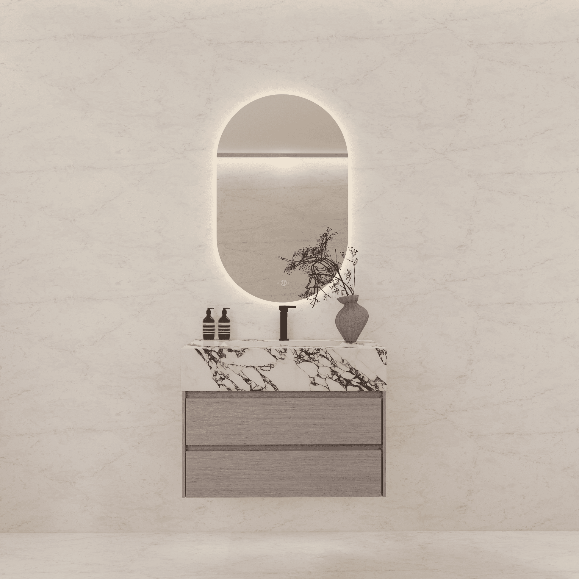 32", 36", 40" Sintered Stone Top with Light Oak Floating Bathroom Vanity - VanityCalacatta Black