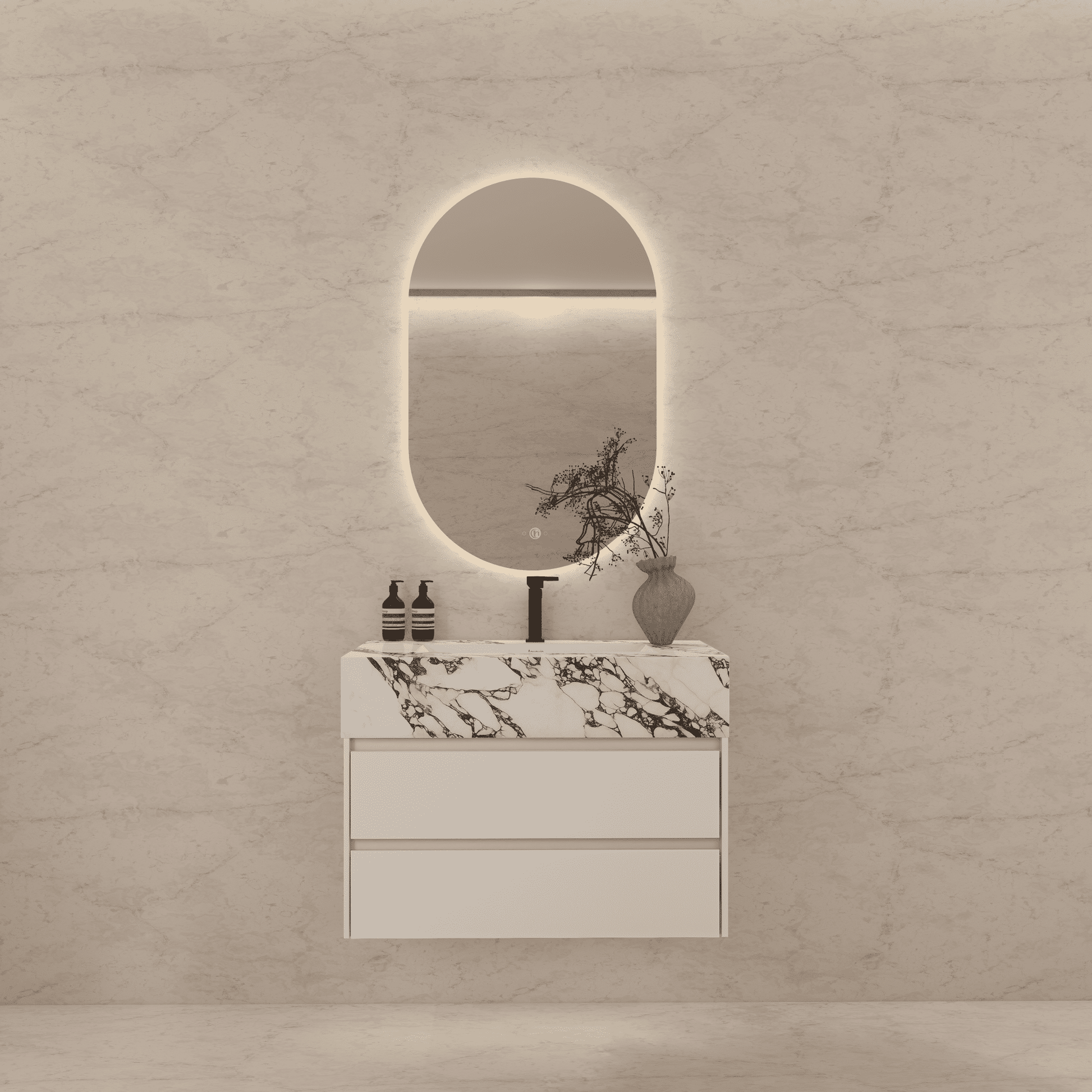 32", 36", 40" Sintered Stone Top with Light Oak Floating Bathroom Vanity - VanityCalacatta Black