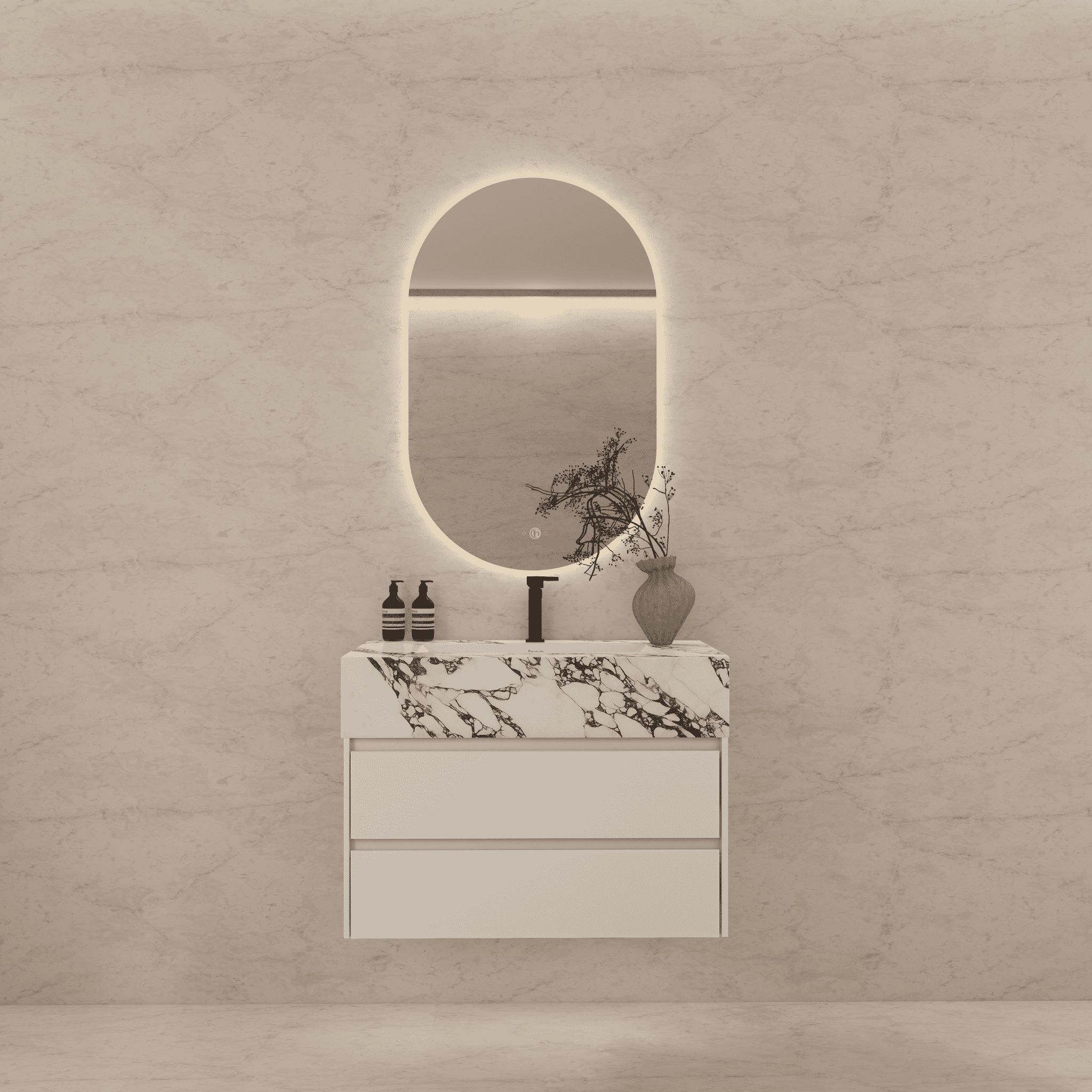 32", 36", 40" Sintered Stone Top with Light Oak Floating Bathroom Vanity - VanityCalacatta Black