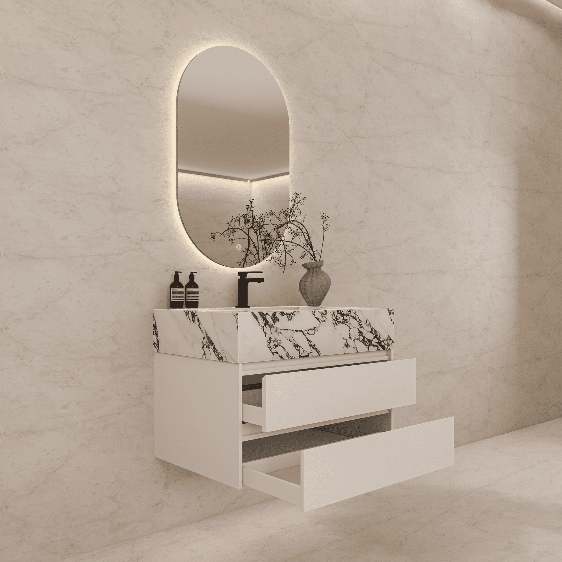 32", 36", 40" Sintered Stone Top with Light Oak Floating Bathroom Vanity - VanityCalacatta Black