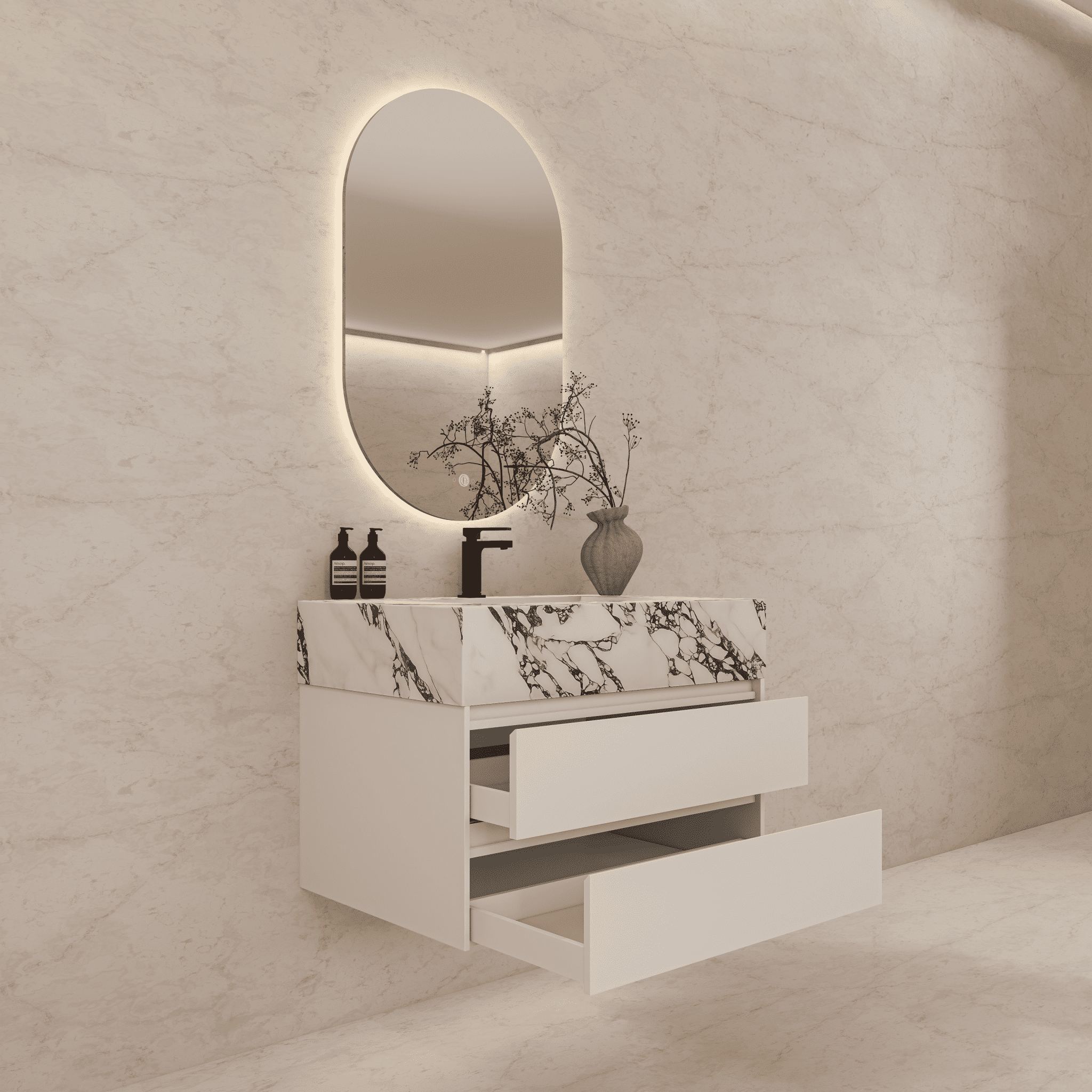 32", 36", 40" Sintered Stone Top with Light Oak Floating Bathroom Vanity - VanityCalacatta Black