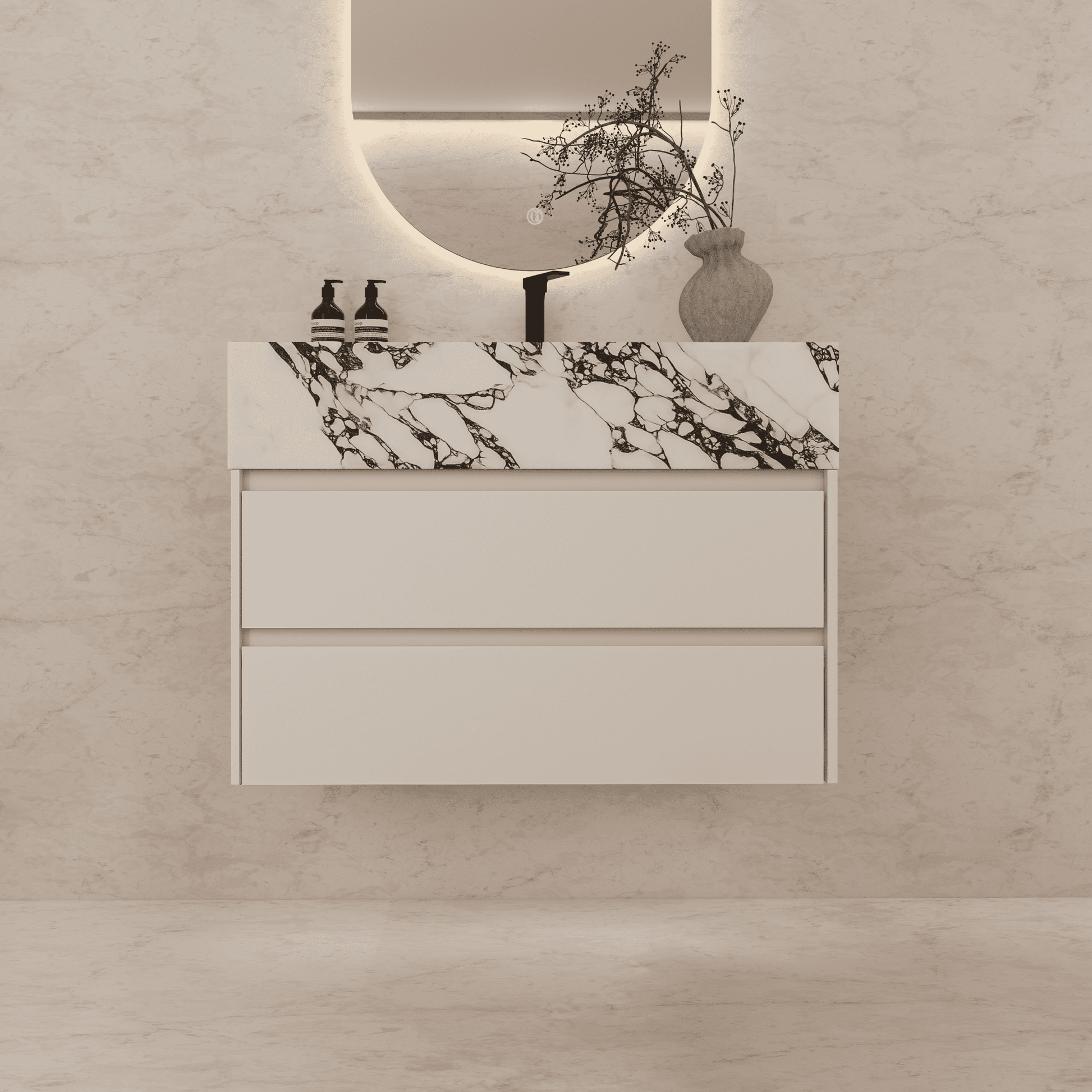 32", 36", 40" Sintered Stone Top with Light Oak Floating Bathroom Vanity - VanityCalacatta Black