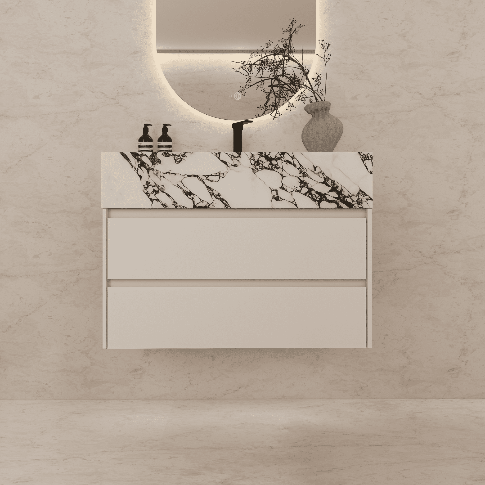 32", 36", 40" Sintered Stone Top with Light Oak Floating Bathroom Vanity - VanityCalacatta Black