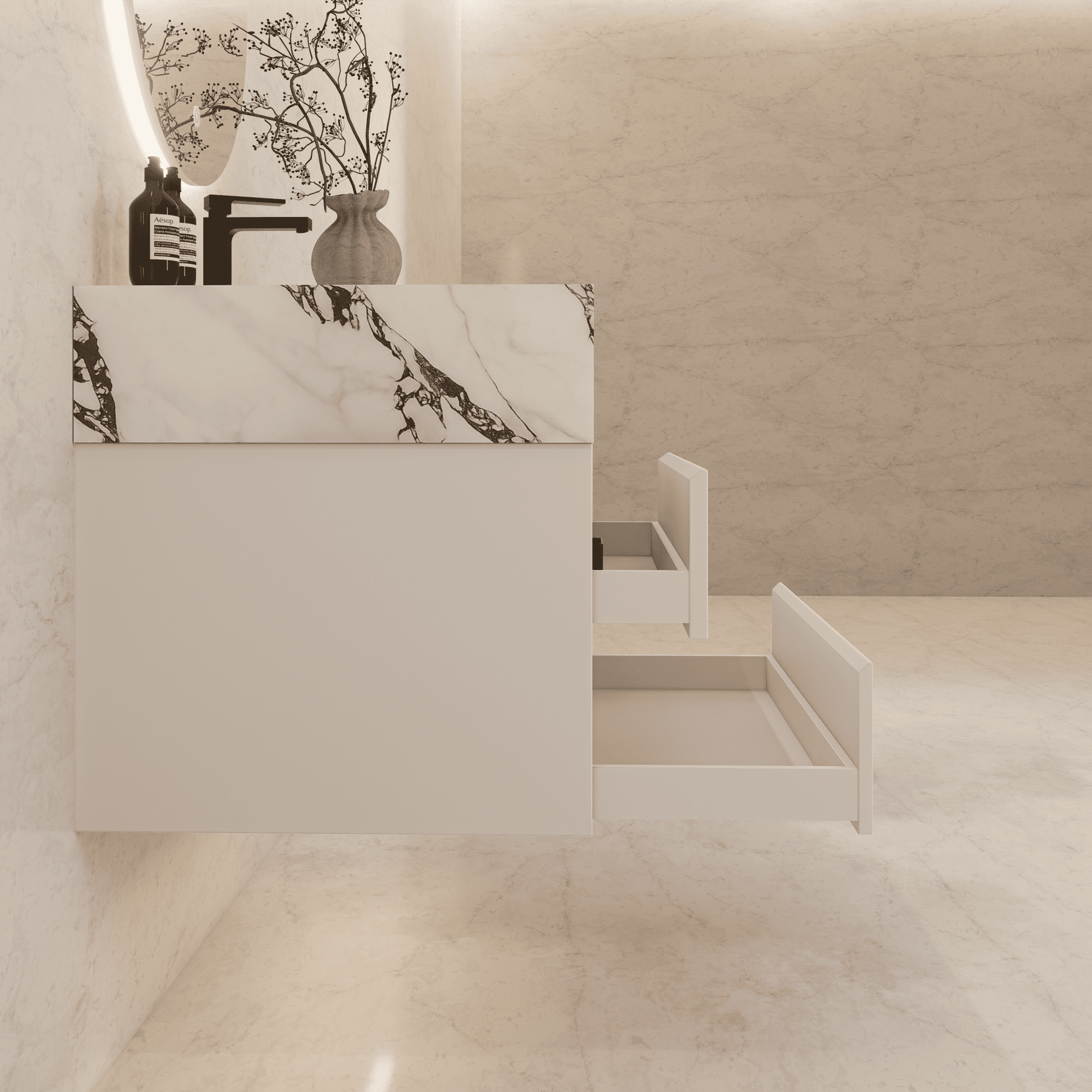 32", 36", 40" Sintered Stone Top with Light Oak Floating Bathroom Vanity - VanityCalacatta Black