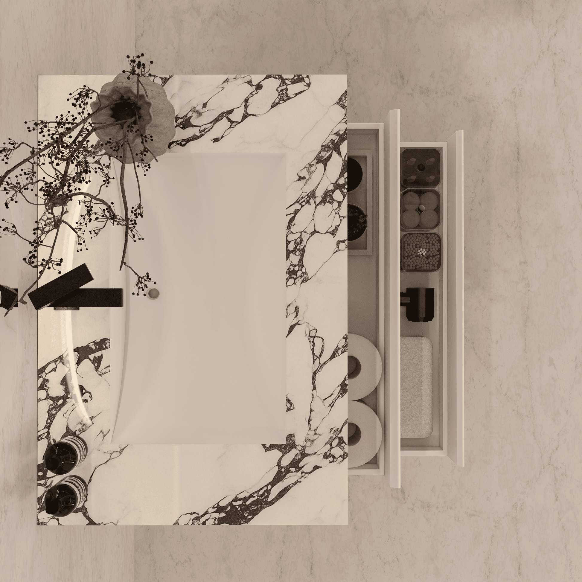 32", 36", 40" Sintered Stone Top with Light Oak Floating Bathroom Vanity - VanityCalacatta Black