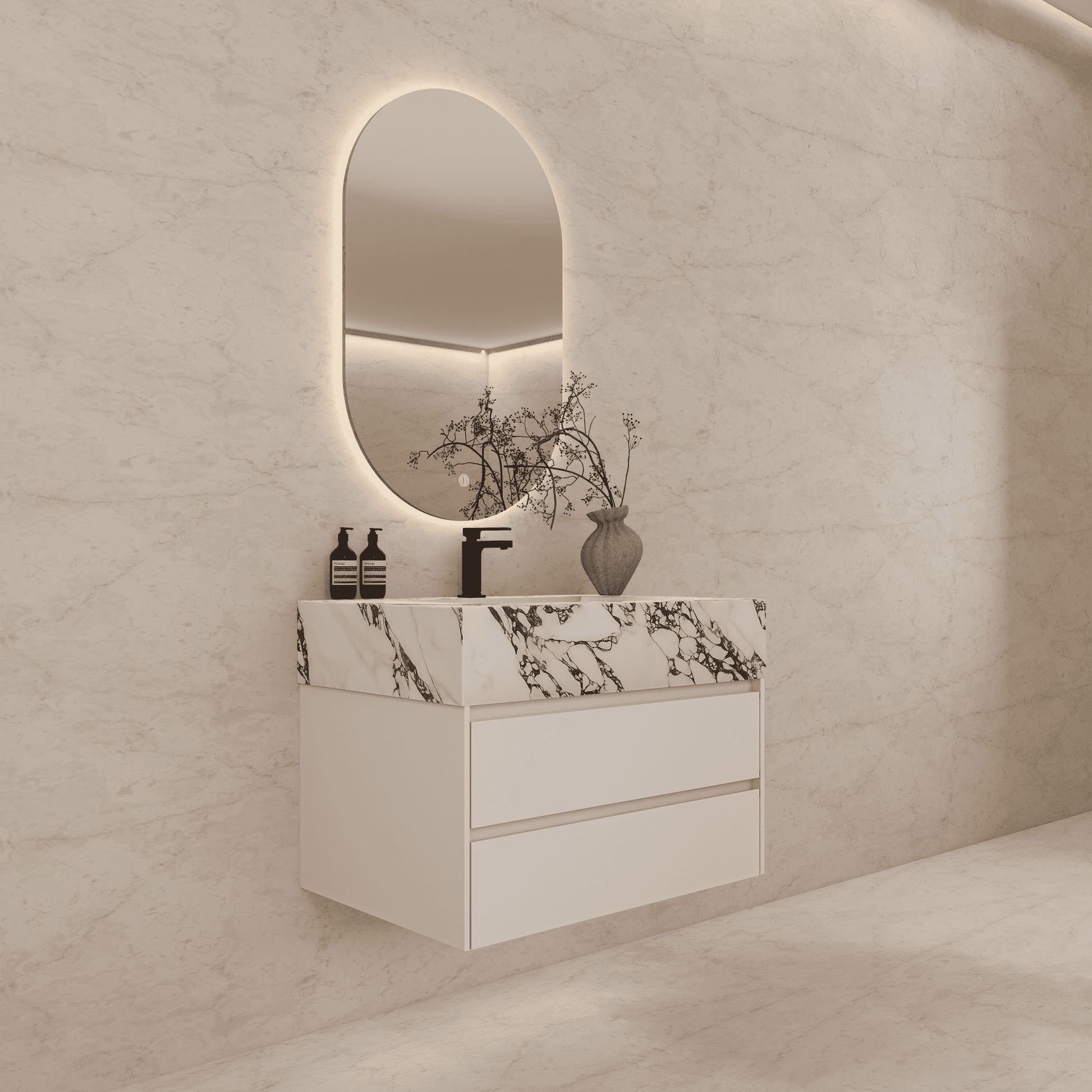 32", 36", 40" Sintered Stone Top with Light Oak Floating Bathroom Vanity - VanityCalacatta Black