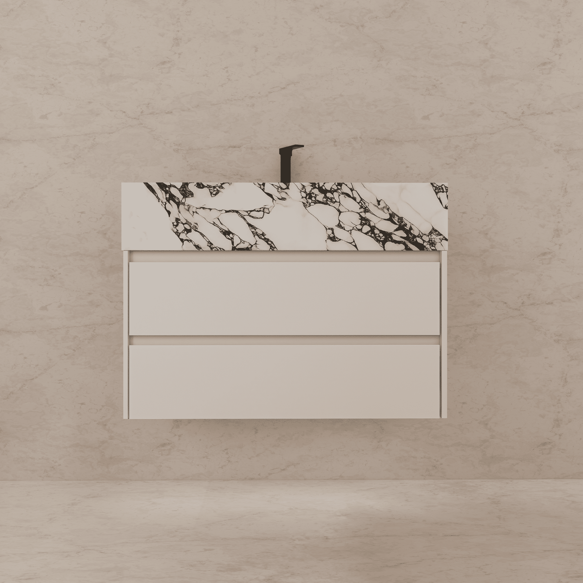 32", 36", 40" Sintered Stone Top with Light Oak Floating Bathroom Vanity - VanityCalacatta Black