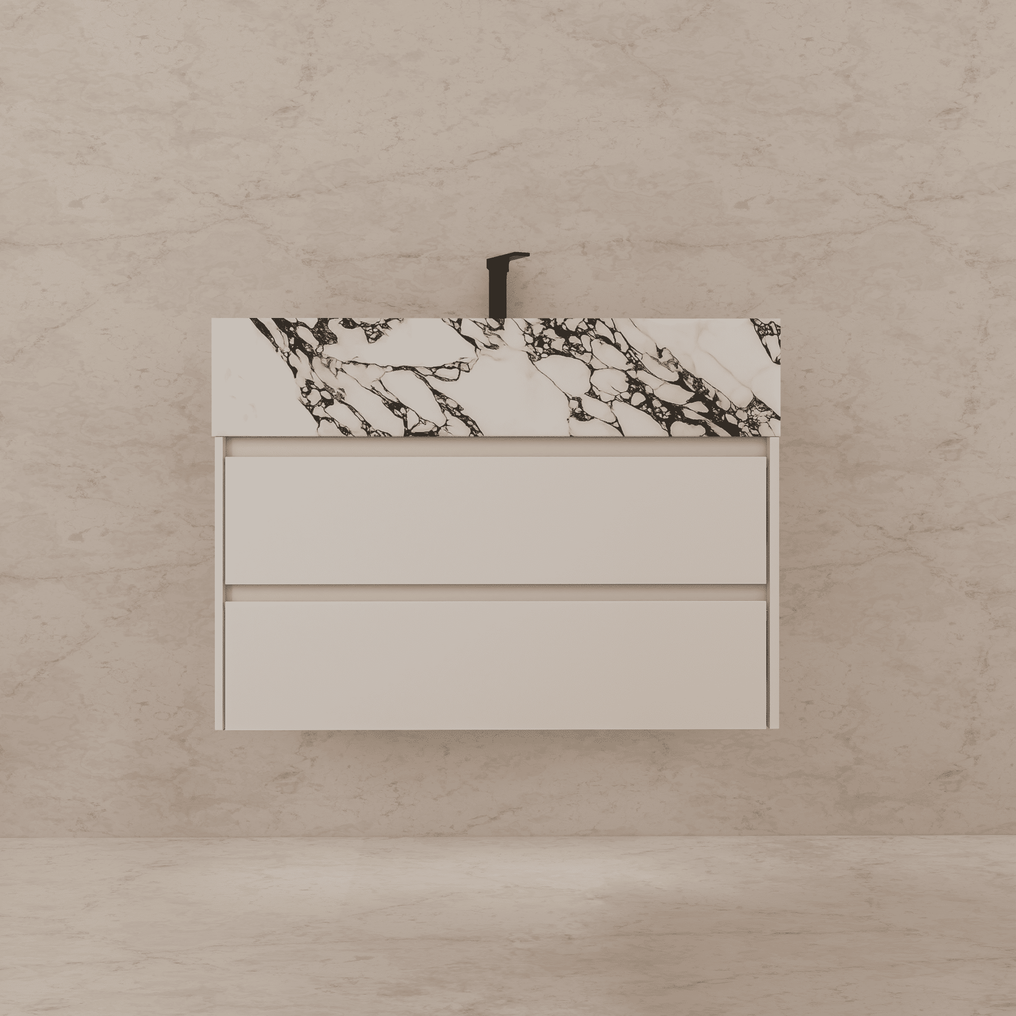 32", 36", 40" Sintered Stone Top with Light Oak Floating Bathroom Vanity - VanityCalacatta Black