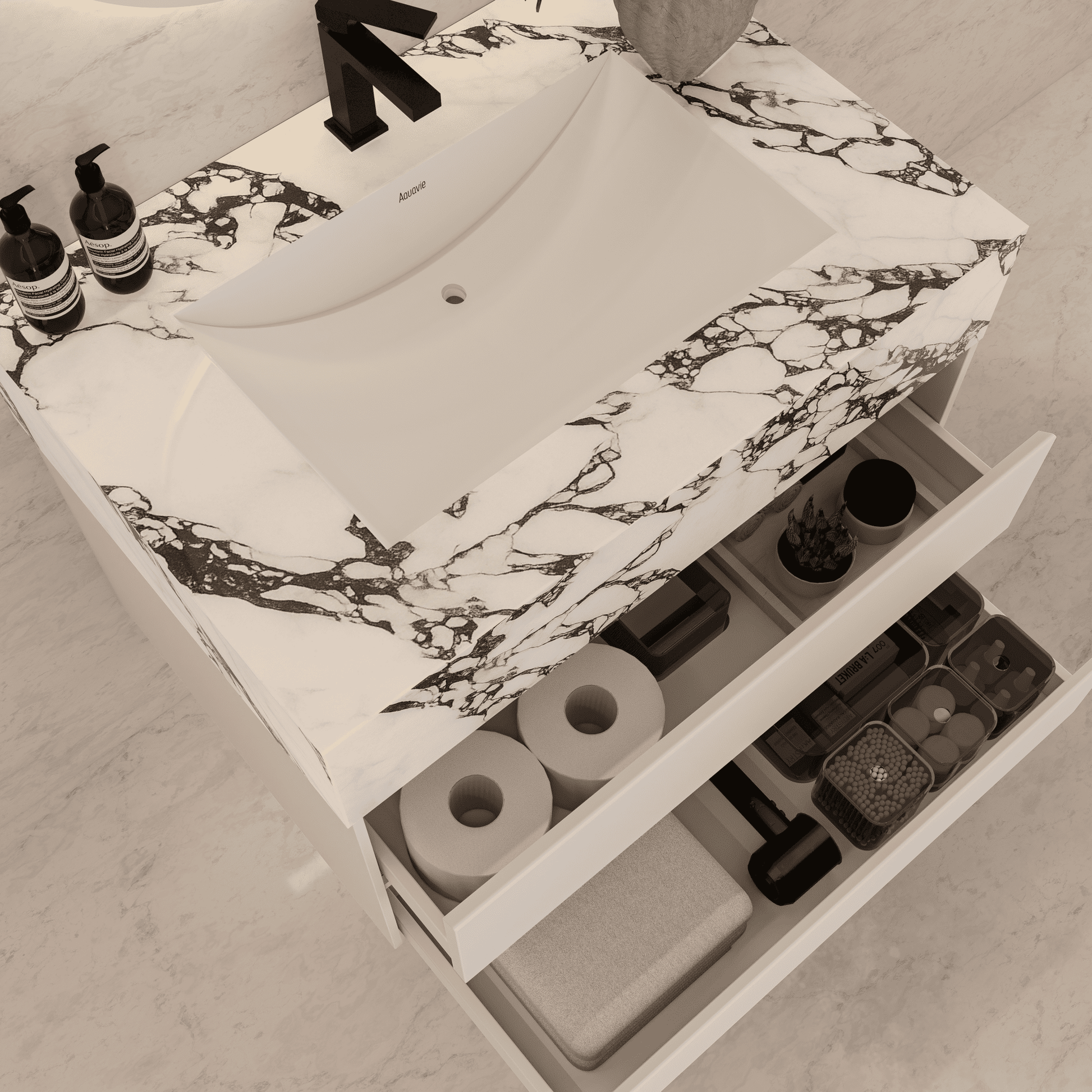 32", 36", 40" Sintered Stone Top with Light Oak Floating Bathroom Vanity - VanityCalacatta Black