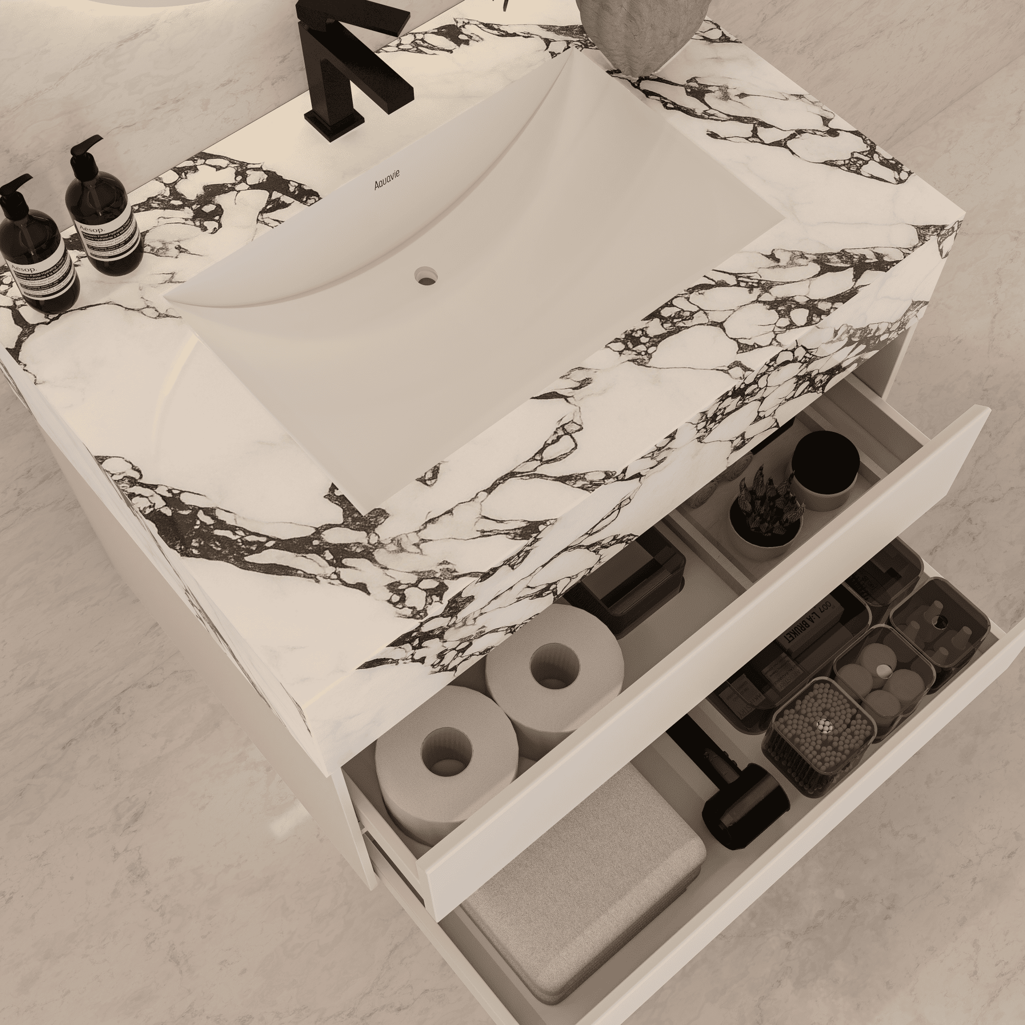 32", 36", 40" Sintered Stone Top with Light Oak Floating Bathroom Vanity - VanityCalacatta Black