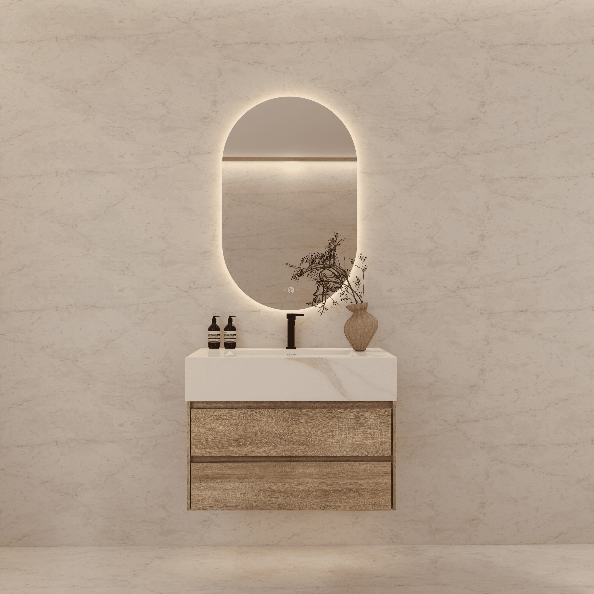 32", 36", 40" Sintered Stone Top with Light Oak Floating Bathroom Vanity - VanityCalacatta Gold