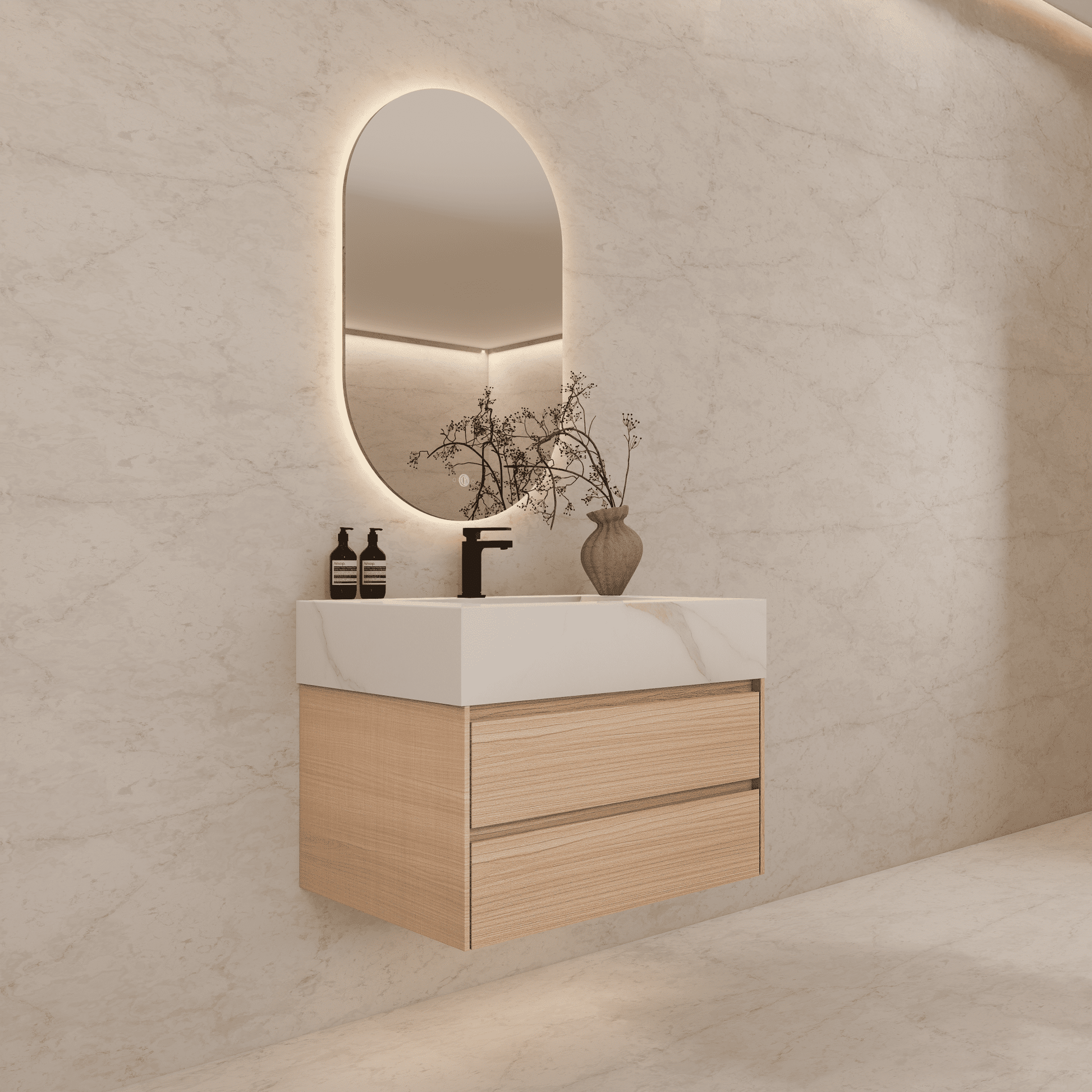 32", 36", 40" Sintered Stone Top with Light Oak Floating Bathroom Vanity - VanityCalacatta Gold