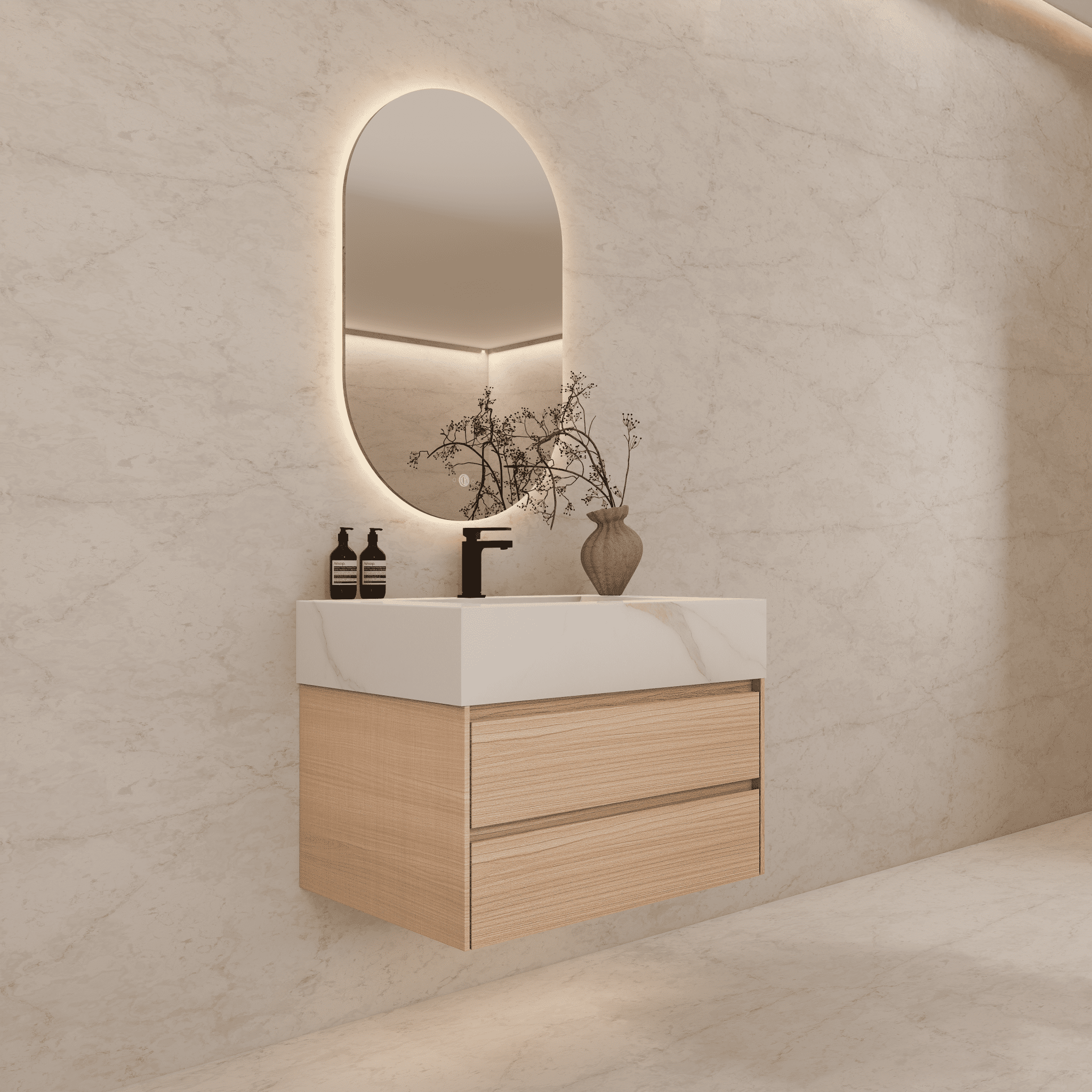 32", 36", 40" Sintered Stone Top with Light Oak Floating Bathroom Vanity - VanityCalacatta Gold