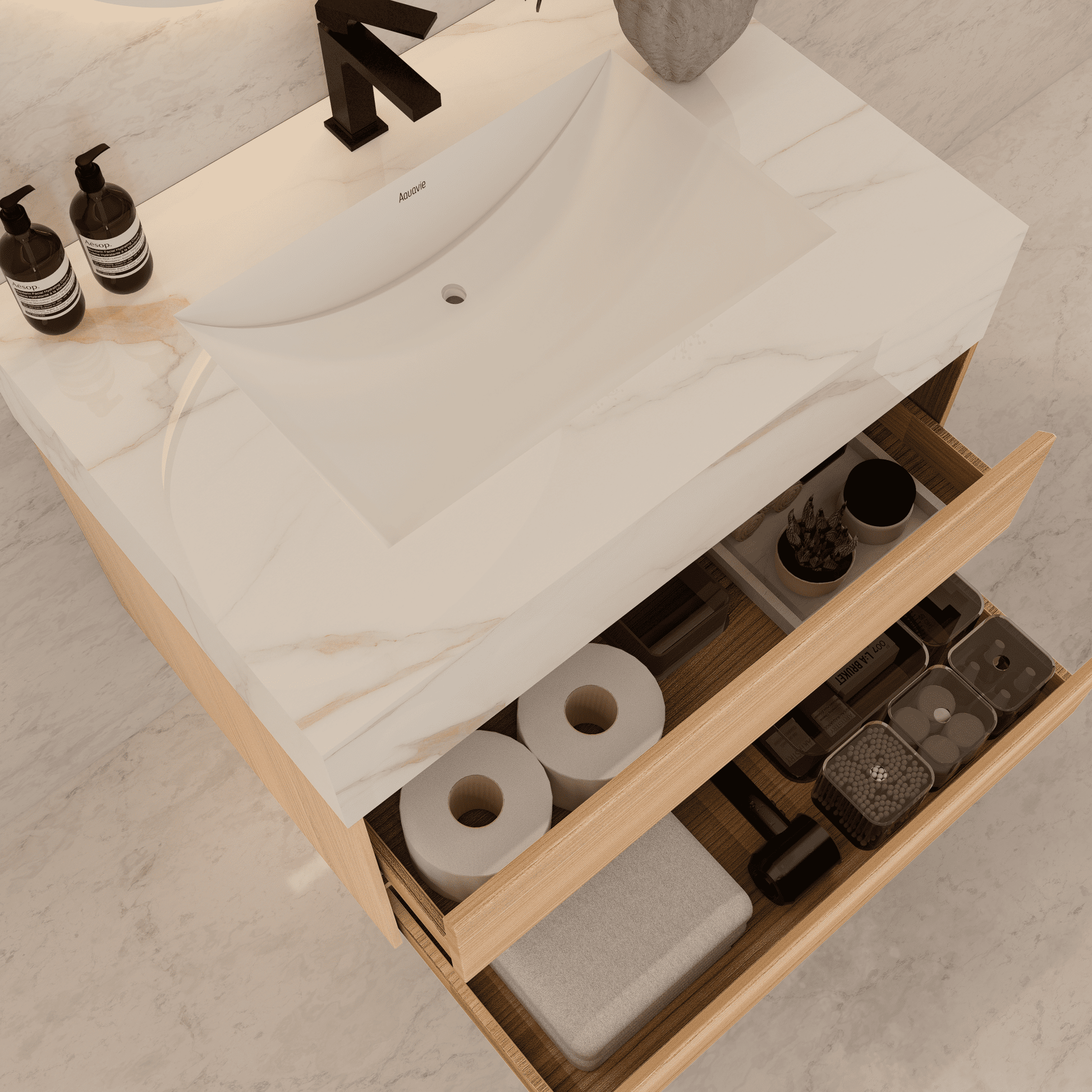 32", 36", 40" Sintered Stone Top with Light Oak Floating Bathroom Vanity - VanityCalacatta Gold