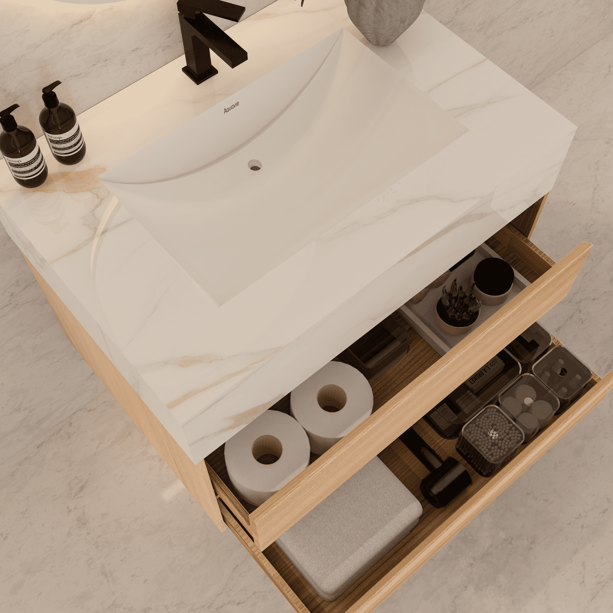 32", 36", 40" Sintered Stone Top with Light Oak Floating Bathroom Vanity - VanityCalacatta Gold