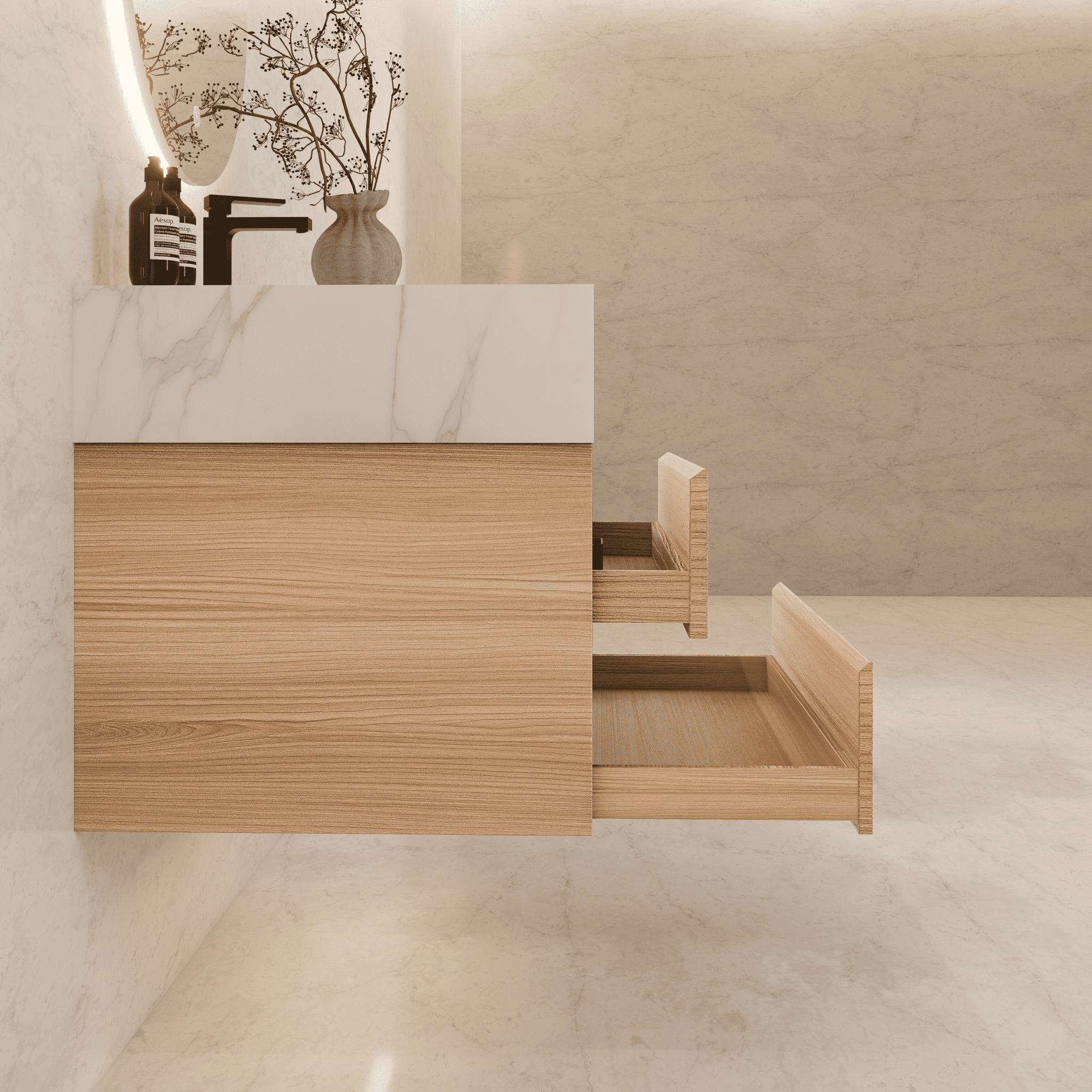 32", 36", 40" Sintered Stone Top with Light Oak Floating Bathroom Vanity - VanityCalacatta Gold