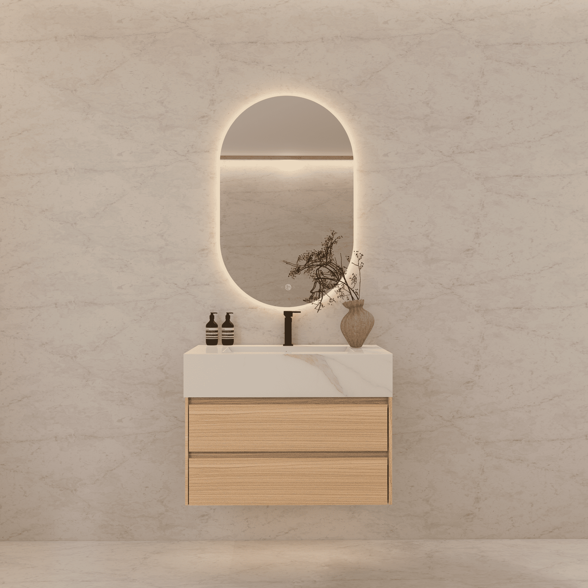 32", 36", 40" Sintered Stone Top with Light Oak Floating Bathroom Vanity - VanityCalacatta Gold