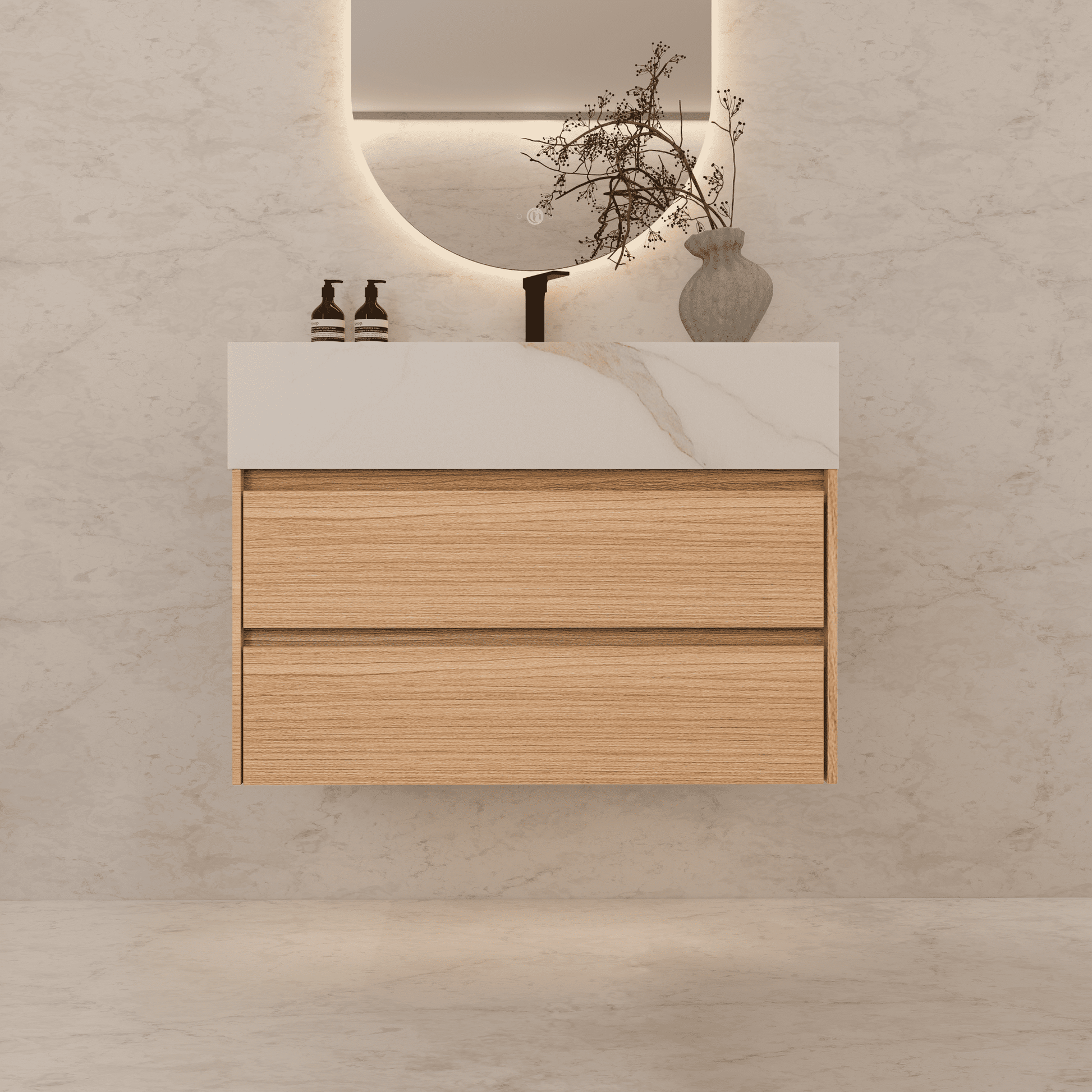 32", 36", 40" Sintered Stone Top with Light Oak Floating Bathroom Vanity - VanityCalacatta Gold