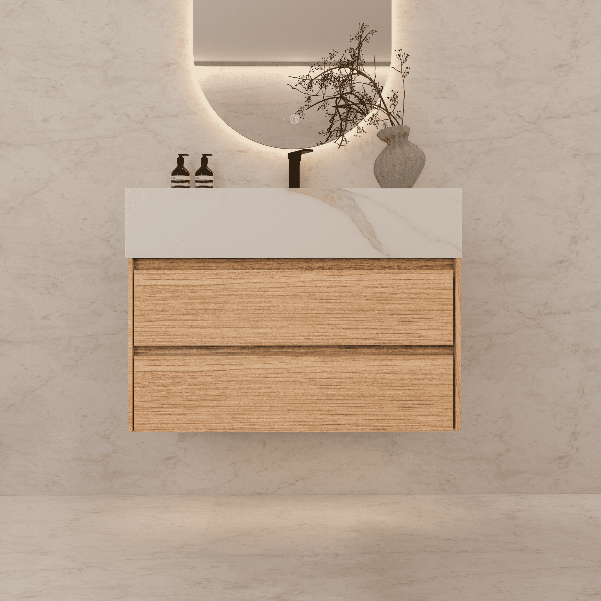 32", 36", 40" Sintered Stone Top with Light Oak Floating Bathroom Vanity - VanityCalacatta Gold