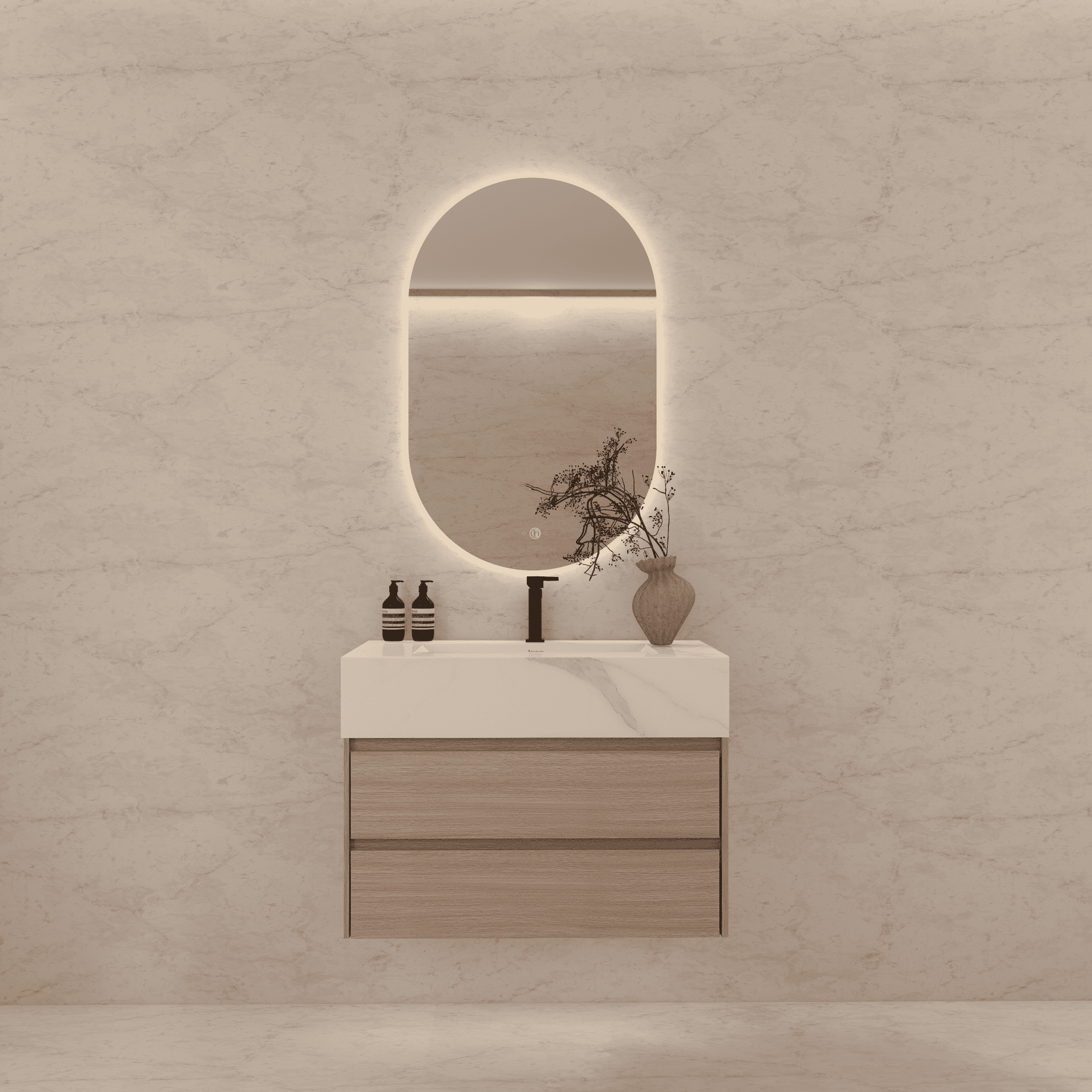 32", 36", 40" Sintered Stone Top with Light Oak Floating Bathroom Vanity - VanityCalacatta Gold