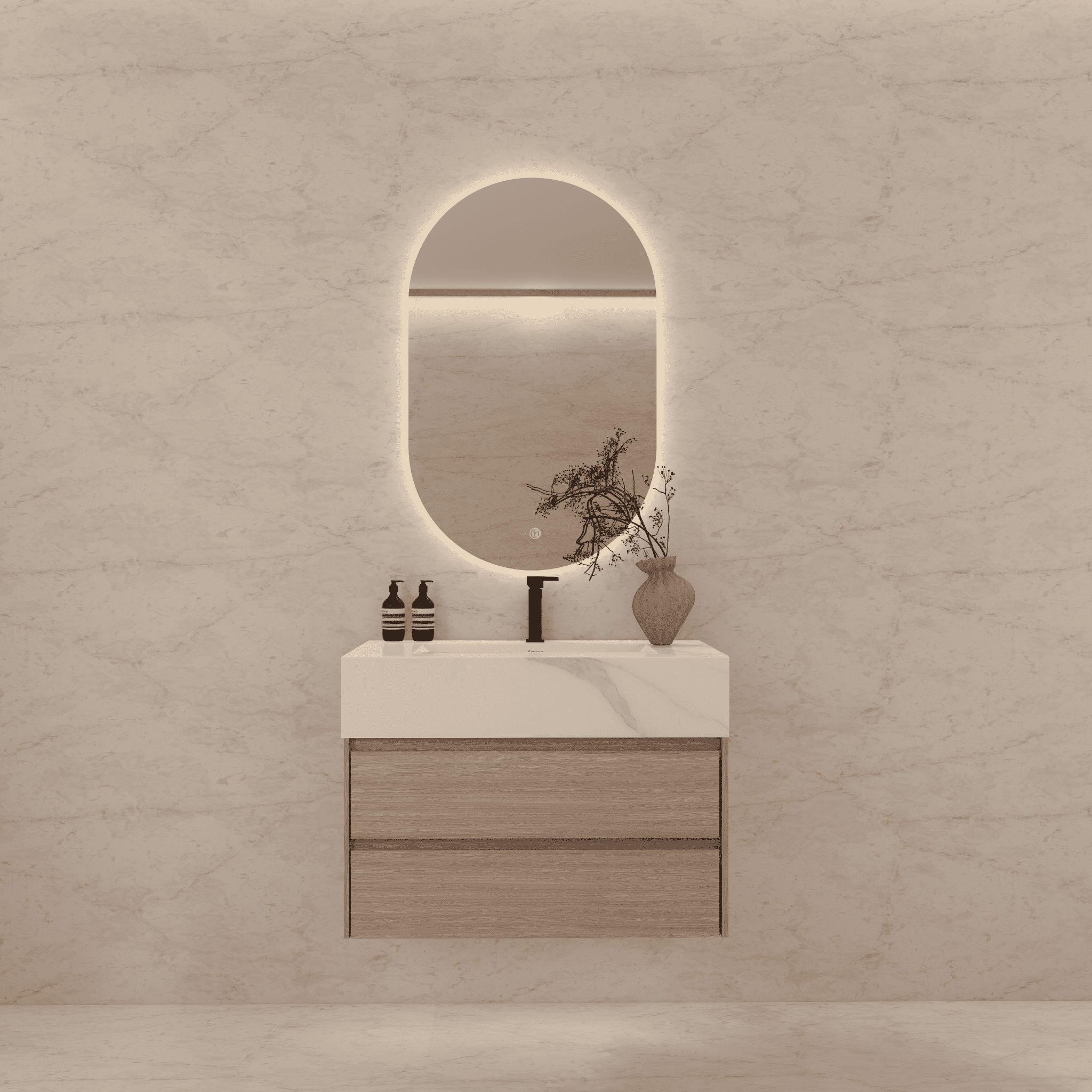 32", 36", 40" Sintered Stone Top with Light Oak Floating Bathroom Vanity - VanityCalacatta Gold