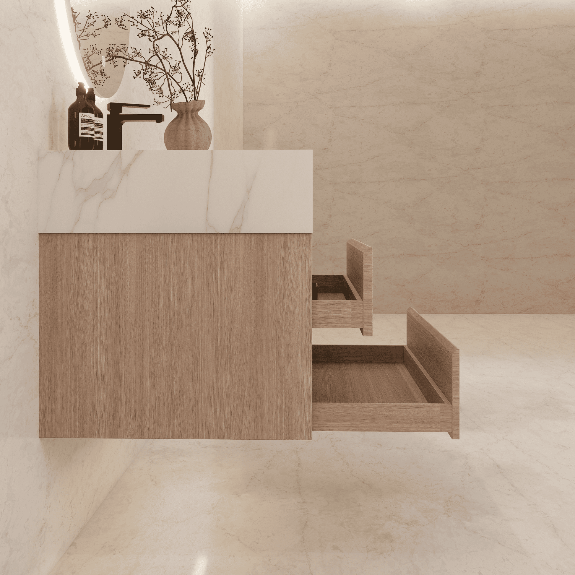 32", 36", 40" Sintered Stone Top with Light Oak Floating Bathroom Vanity - VanityCalacatta Gold