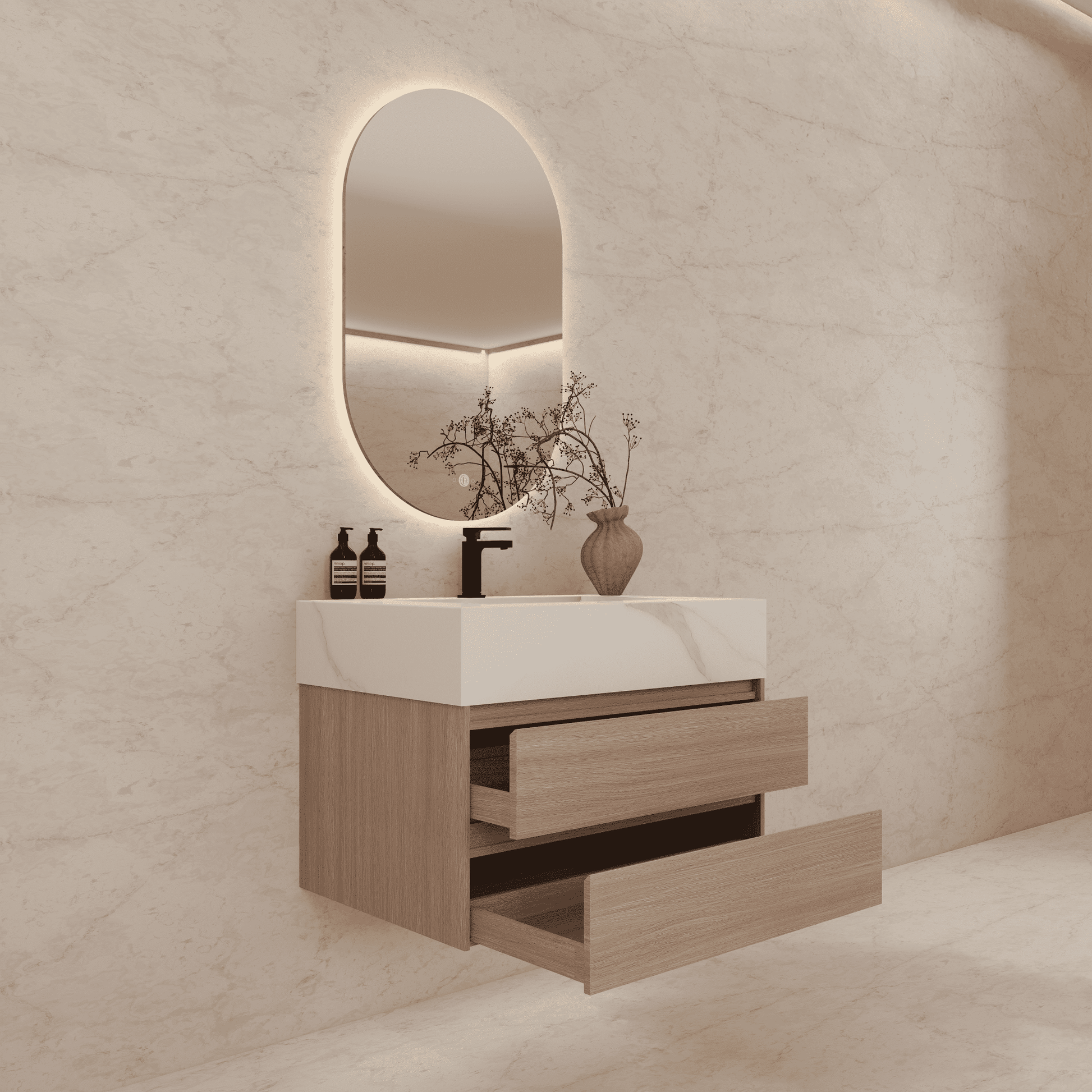 32", 36", 40" Sintered Stone Top with Light Oak Floating Bathroom Vanity - VanityCalacatta Gold