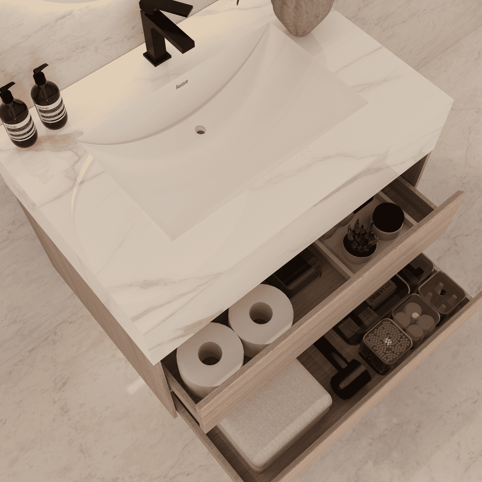 32", 36", 40" Sintered Stone Top with Light Oak Floating Bathroom Vanity - VanityCalacatta Gold