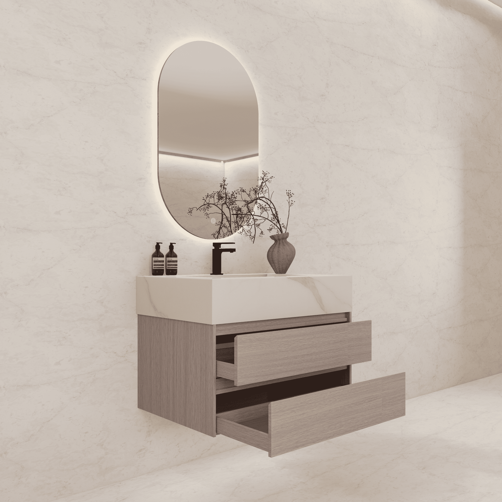 32", 36", 40" Sintered Stone Top with Light Oak Floating Bathroom Vanity - VanityCalacatta Gold