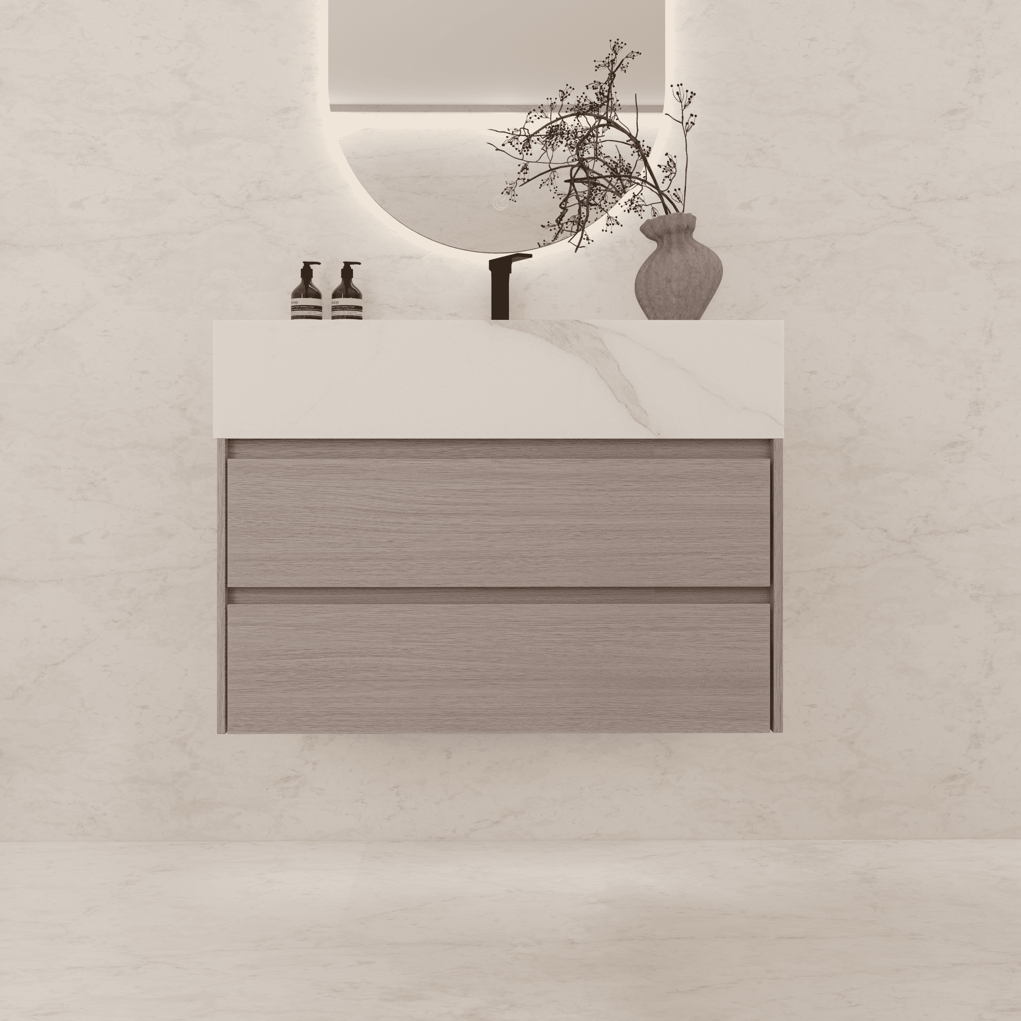 32", 36", 40" Sintered Stone Top with Light Oak Floating Bathroom Vanity - VanityCalacatta Gold