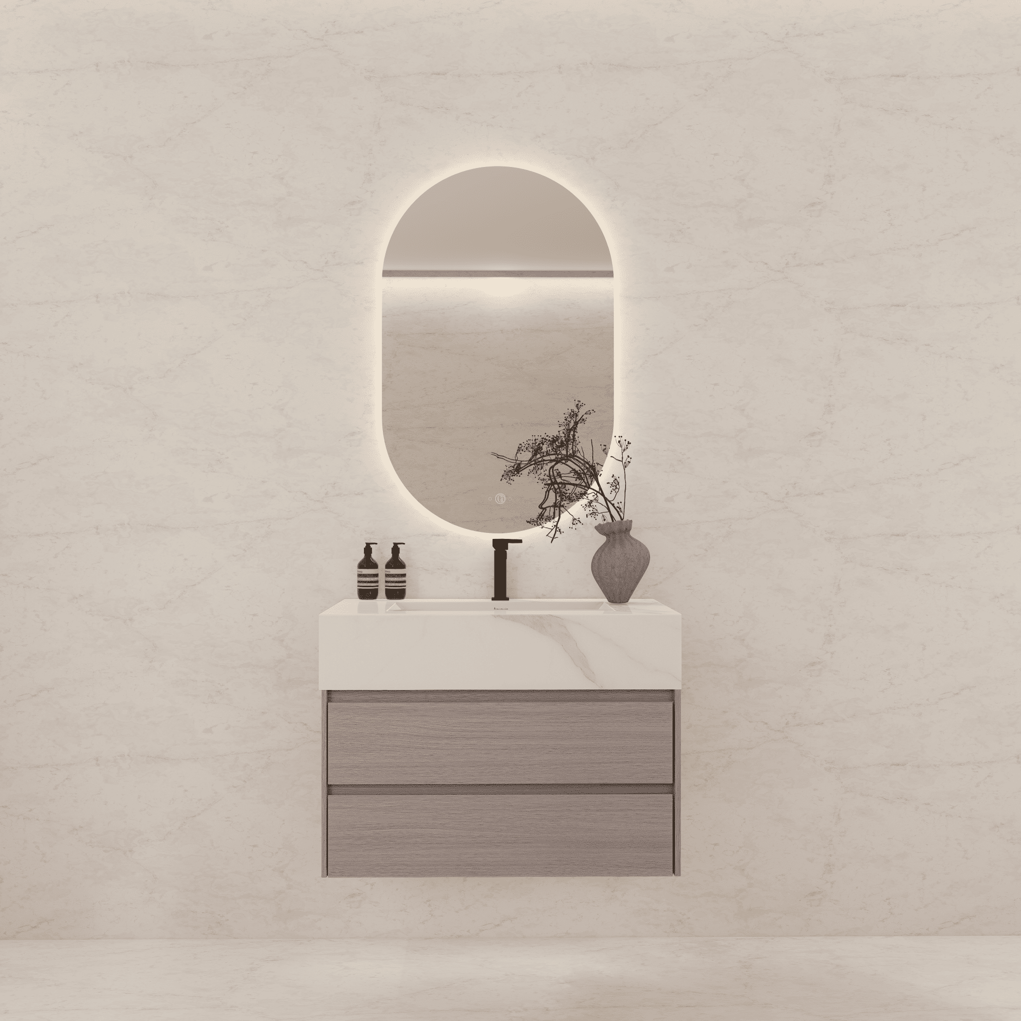 32", 36", 40" Sintered Stone Top with Light Oak Floating Bathroom Vanity - VanityCalacatta Gold