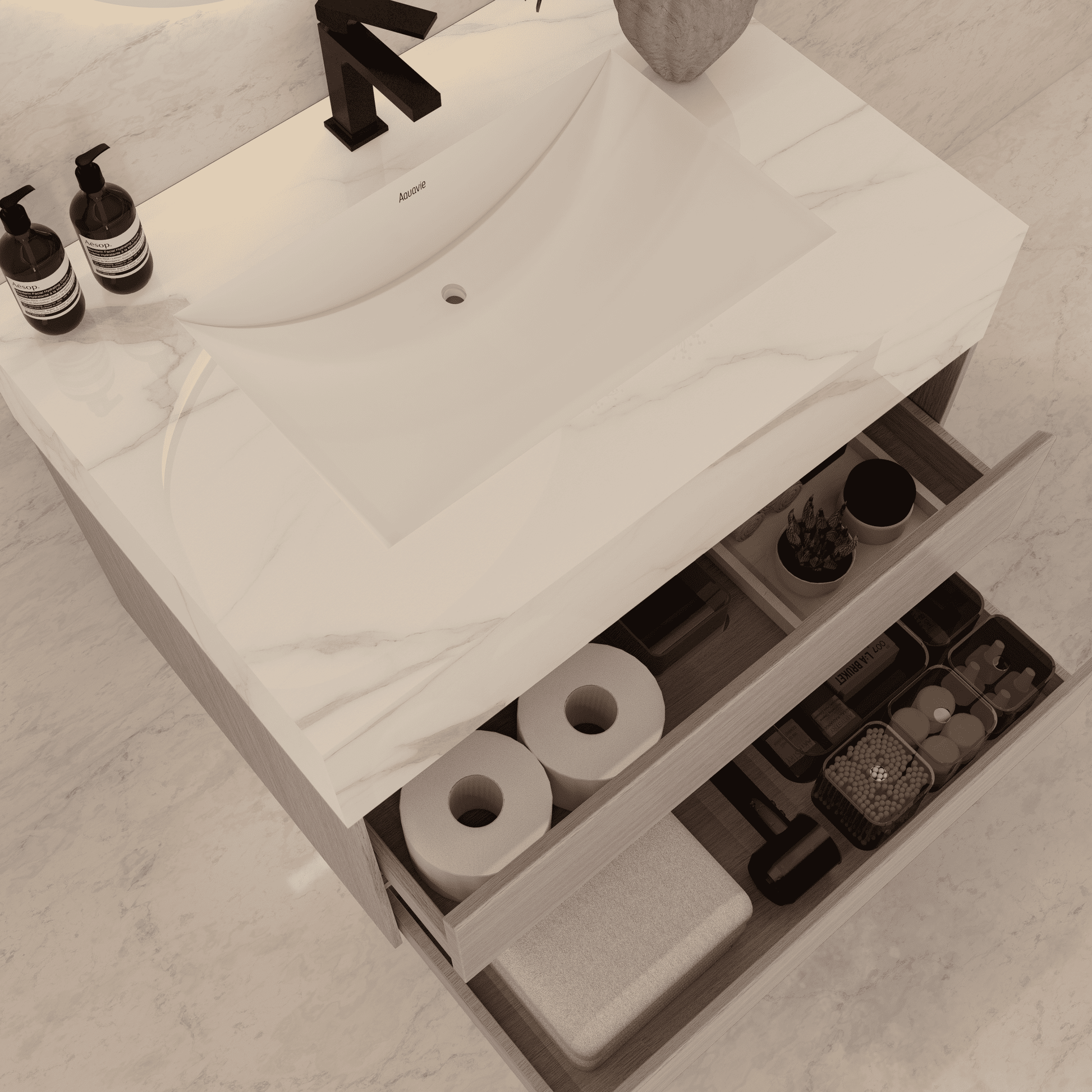 32", 36", 40" Sintered Stone Top with Light Oak Floating Bathroom Vanity - VanityCalacatta Gold