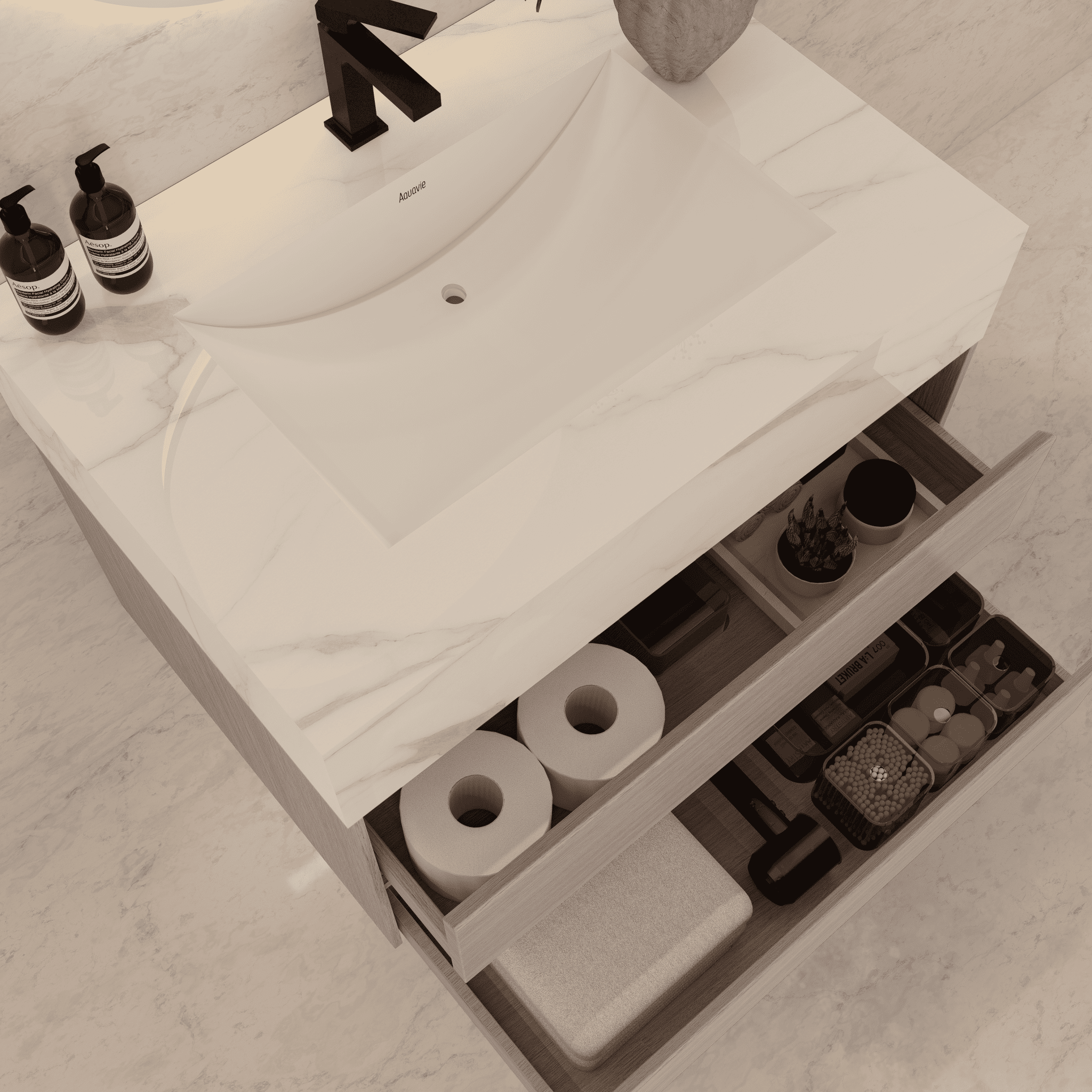 32", 36", 40" Sintered Stone Top with Light Oak Floating Bathroom Vanity - VanityCalacatta Gold