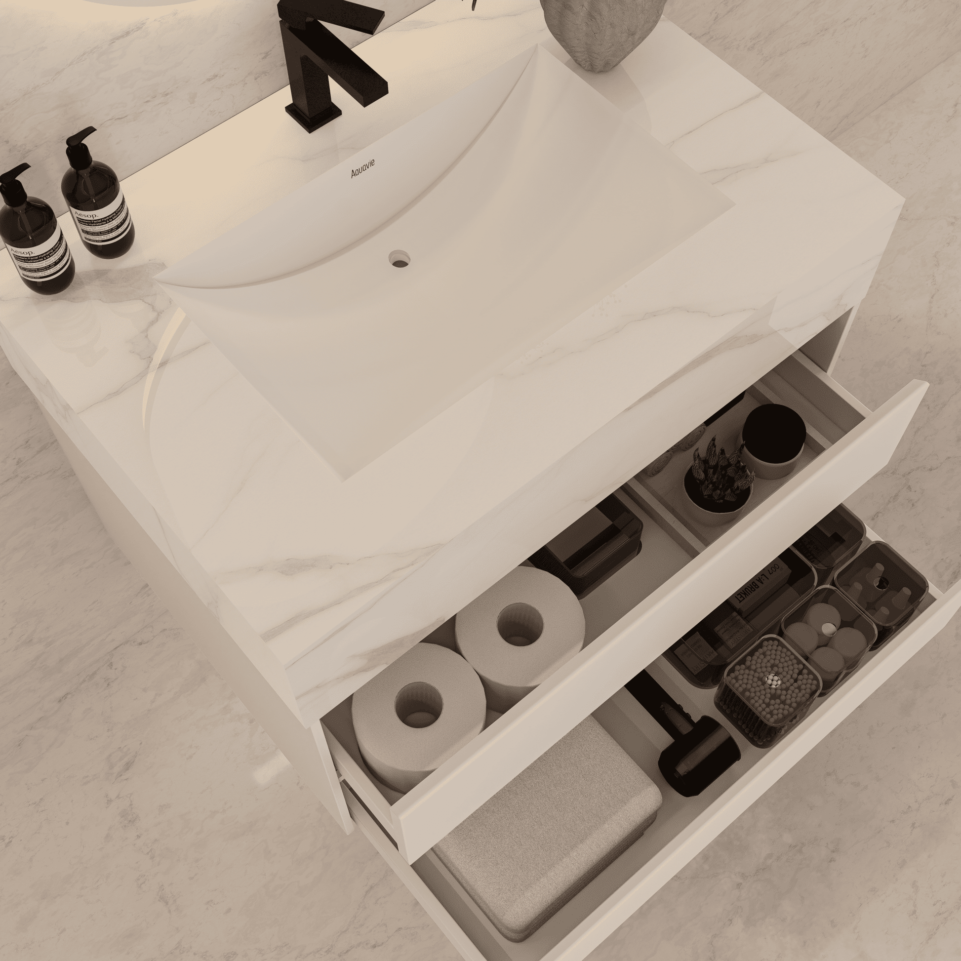 32", 36", 40" Sintered Stone Top with Light Oak Floating Bathroom Vanity - VanityCalacatta Gold