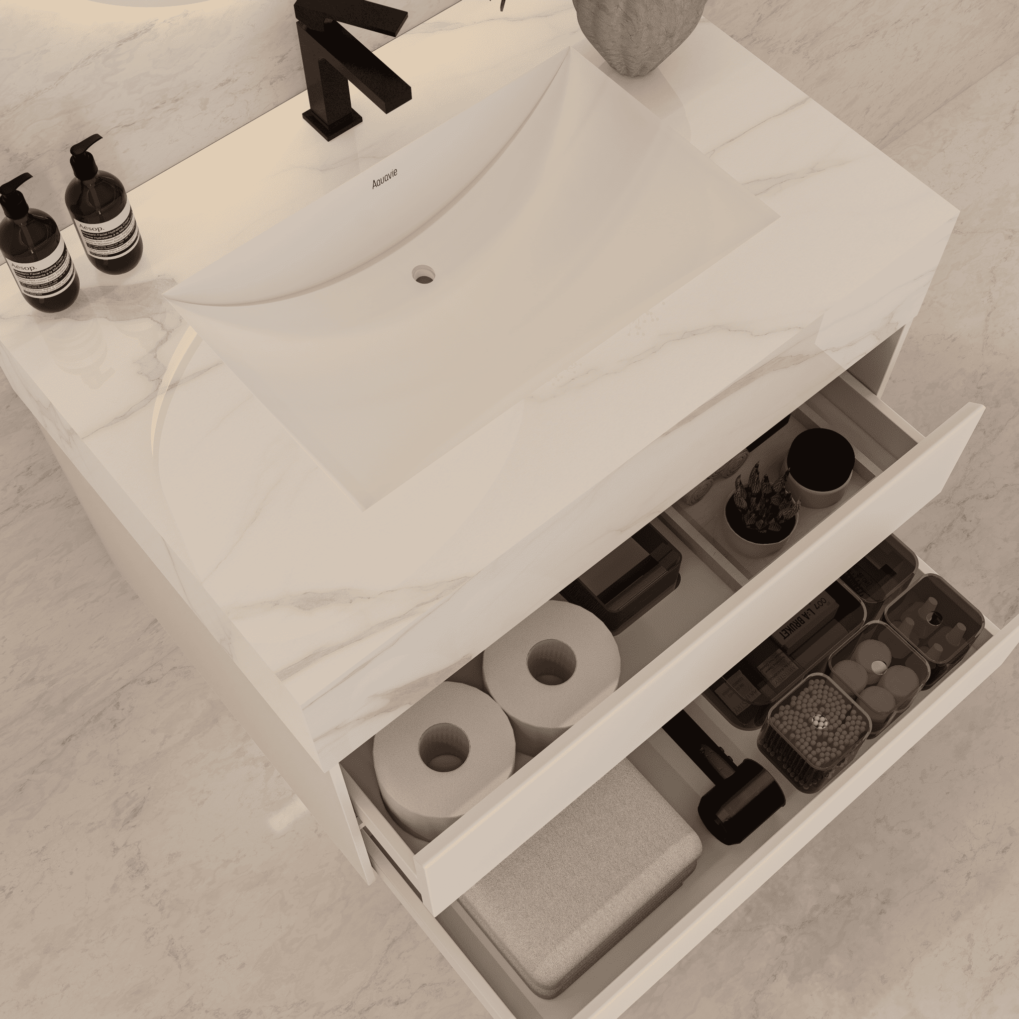 32", 36", 40" Sintered Stone Top with Light Oak Floating Bathroom Vanity - VanityCalacatta Gold