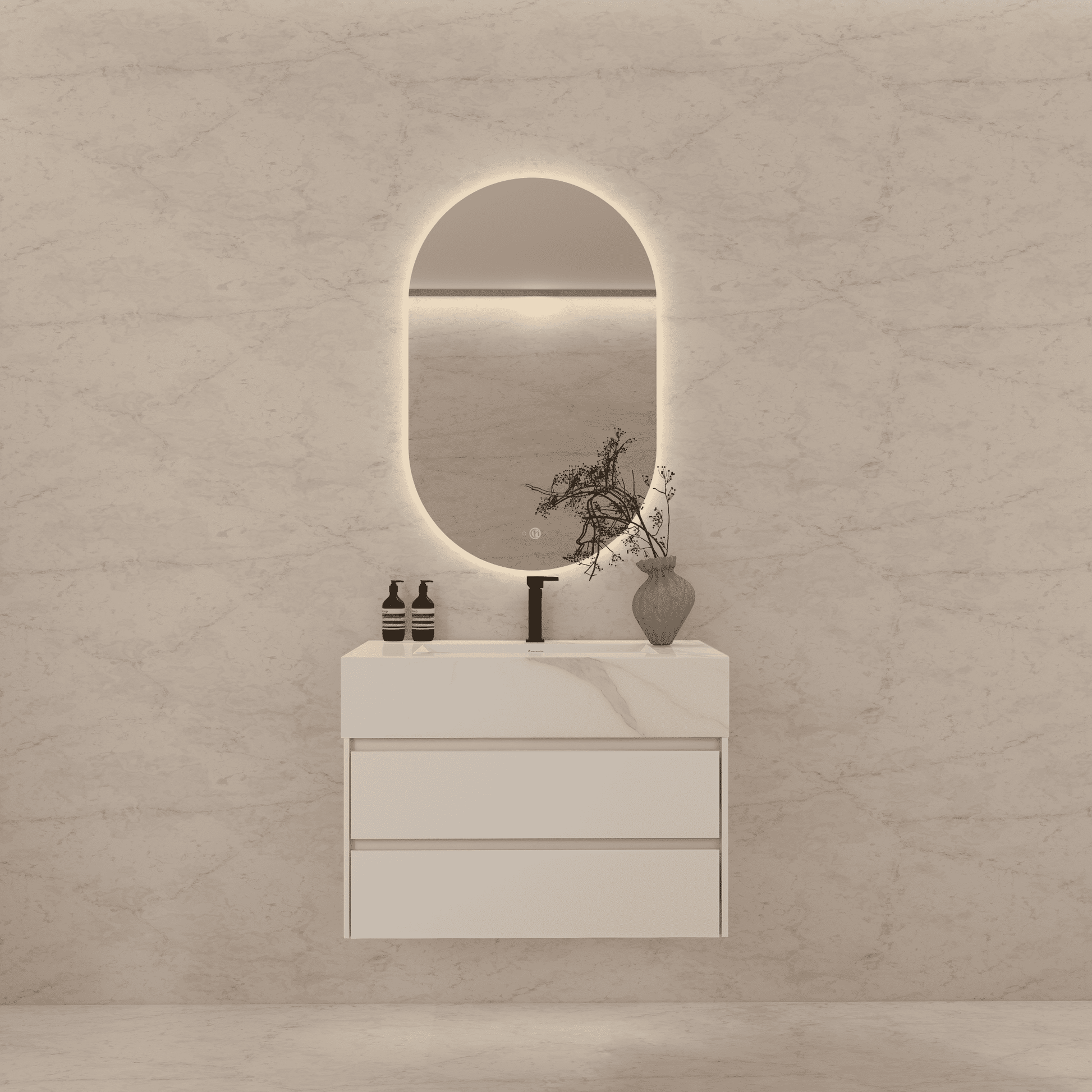 32", 36", 40" Sintered Stone Top with Light Oak Floating Bathroom Vanity - VanityCalacatta Gold