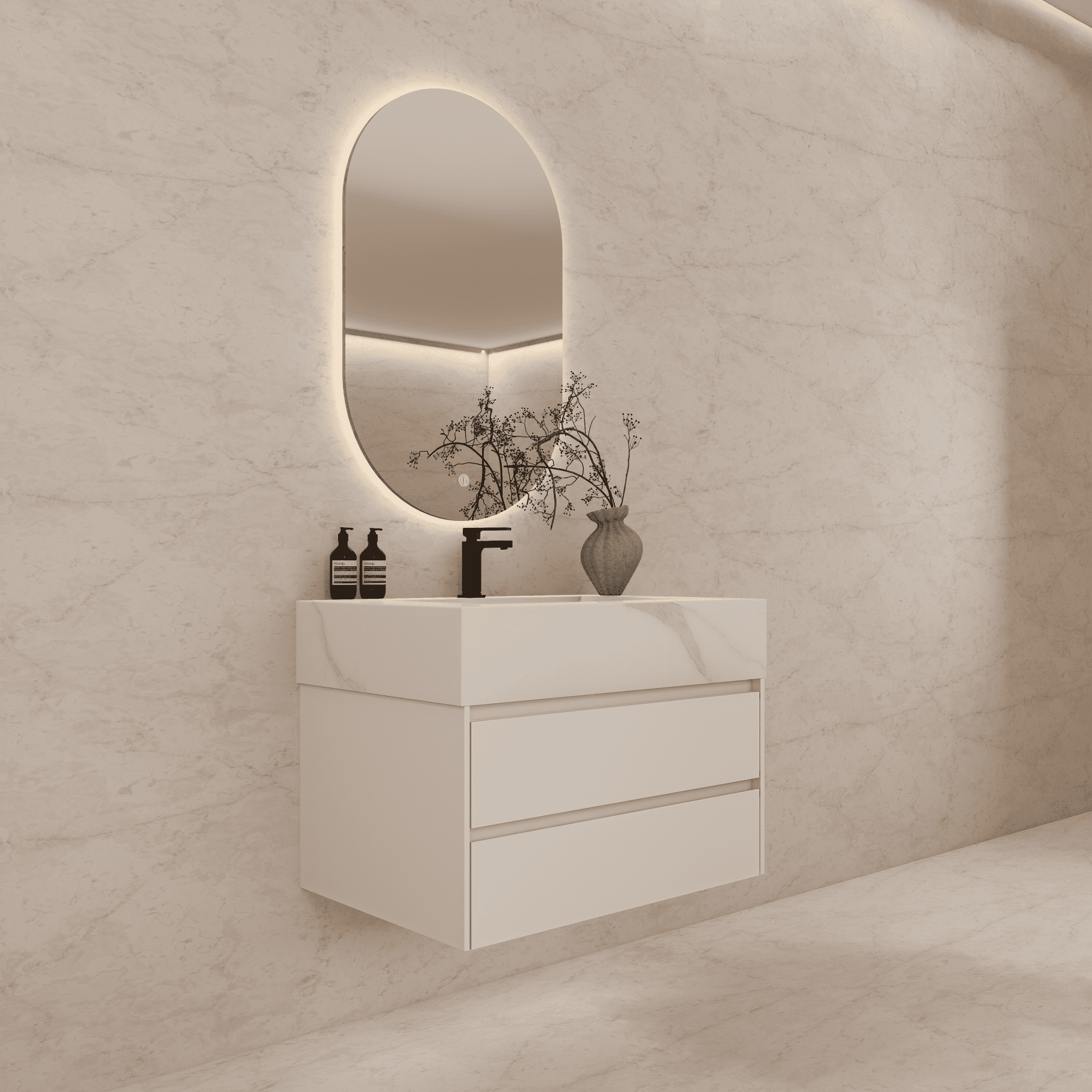 32", 36", 40" Sintered Stone Top with Light Oak Floating Bathroom Vanity - VanityCalacatta Gold