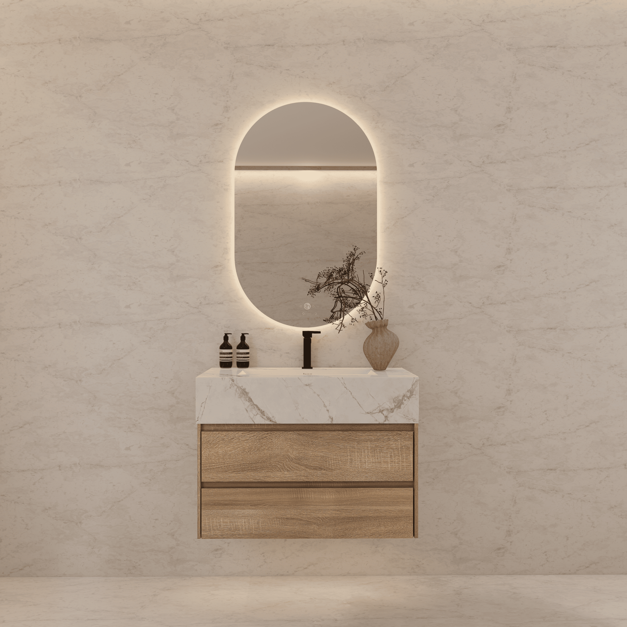 32", 36", 40" Sintered Stone Top with Light Oak Floating Bathroom Vanity - VanityIce Grey