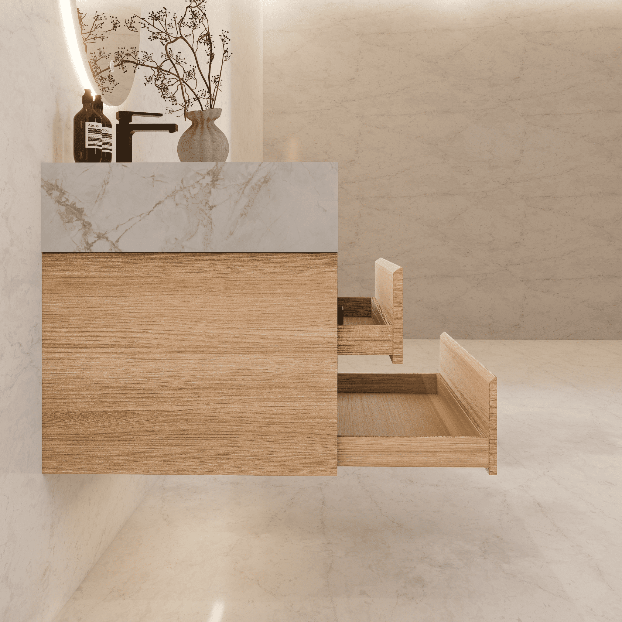 32", 36", 40" Sintered Stone Top with Light Oak Floating Bathroom Vanity - VanityIce Grey