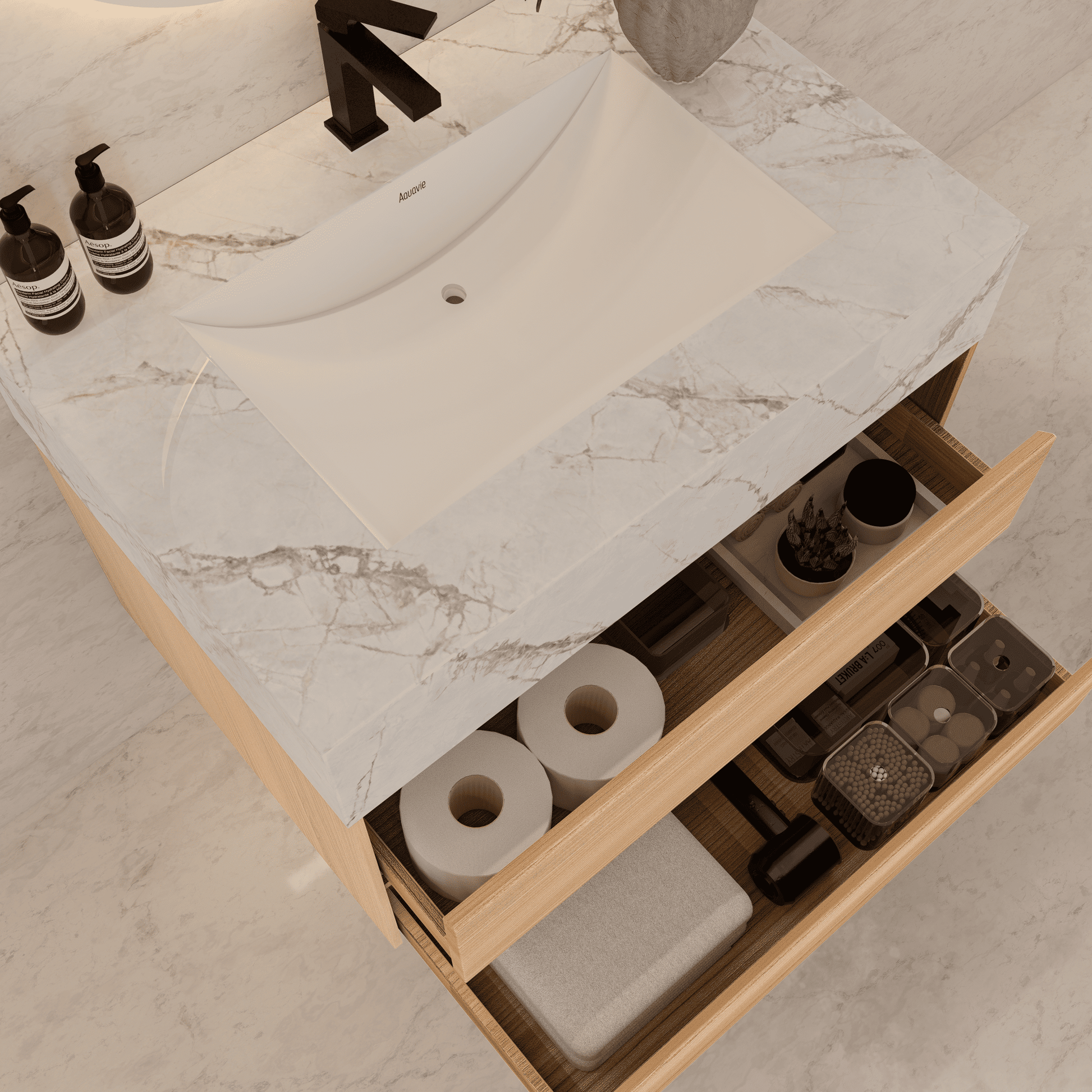 32", 36", 40" Sintered Stone Top with Light Oak Floating Bathroom Vanity - VanityIce Grey