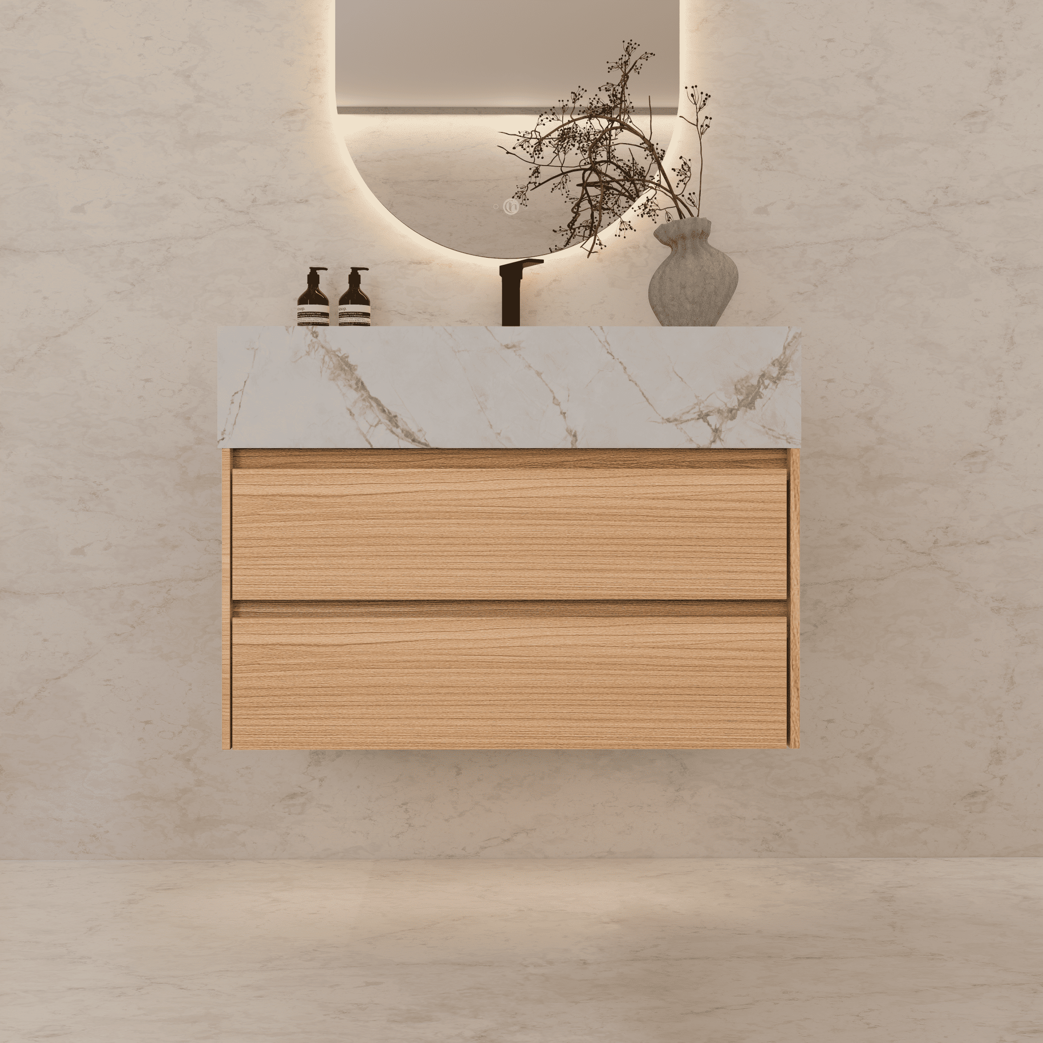 32", 36", 40" Sintered Stone Top with Light Oak Floating Bathroom Vanity - VanityIce Grey