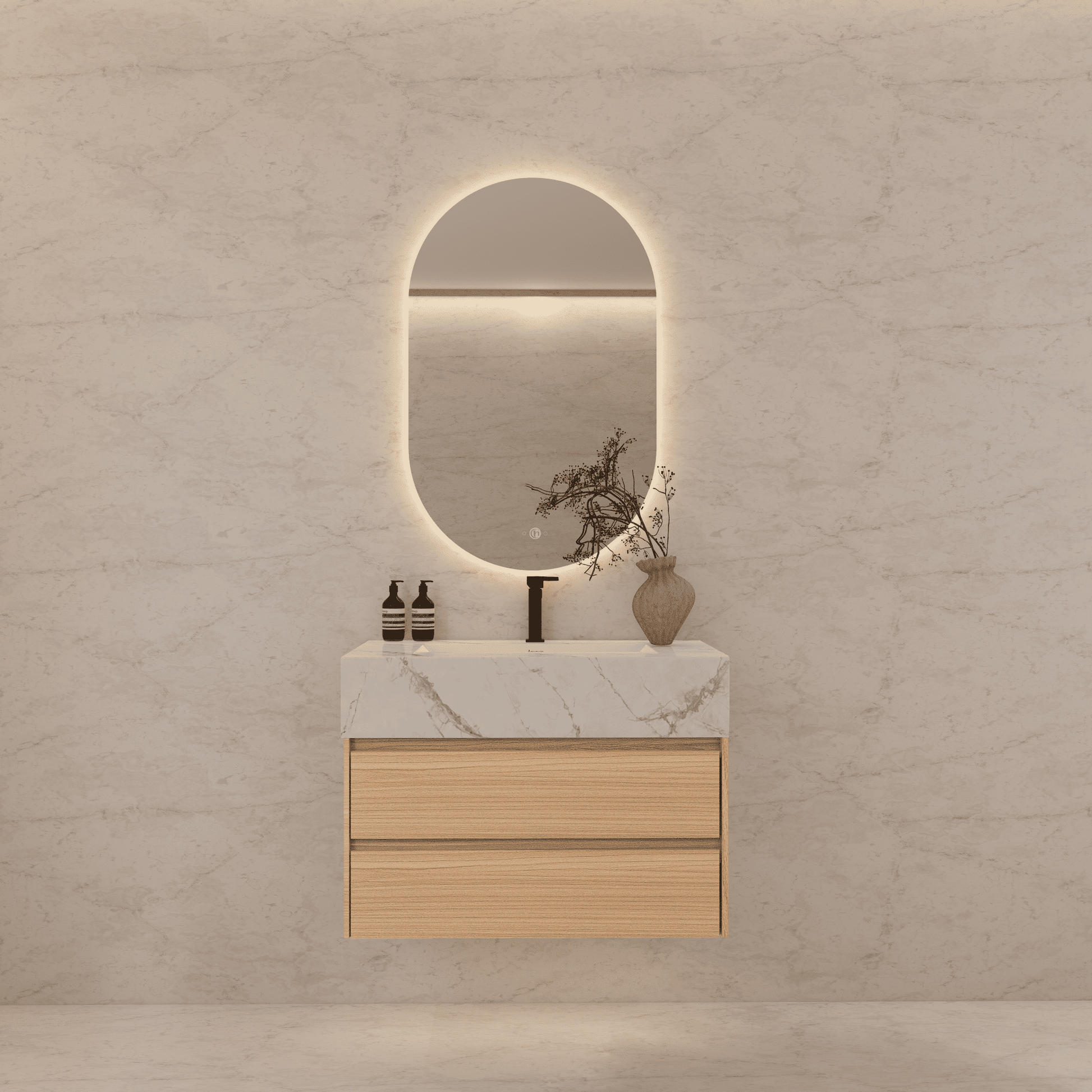 32", 36", 40" Sintered Stone Top with Light Oak Floating Bathroom Vanity - VanityIce Grey