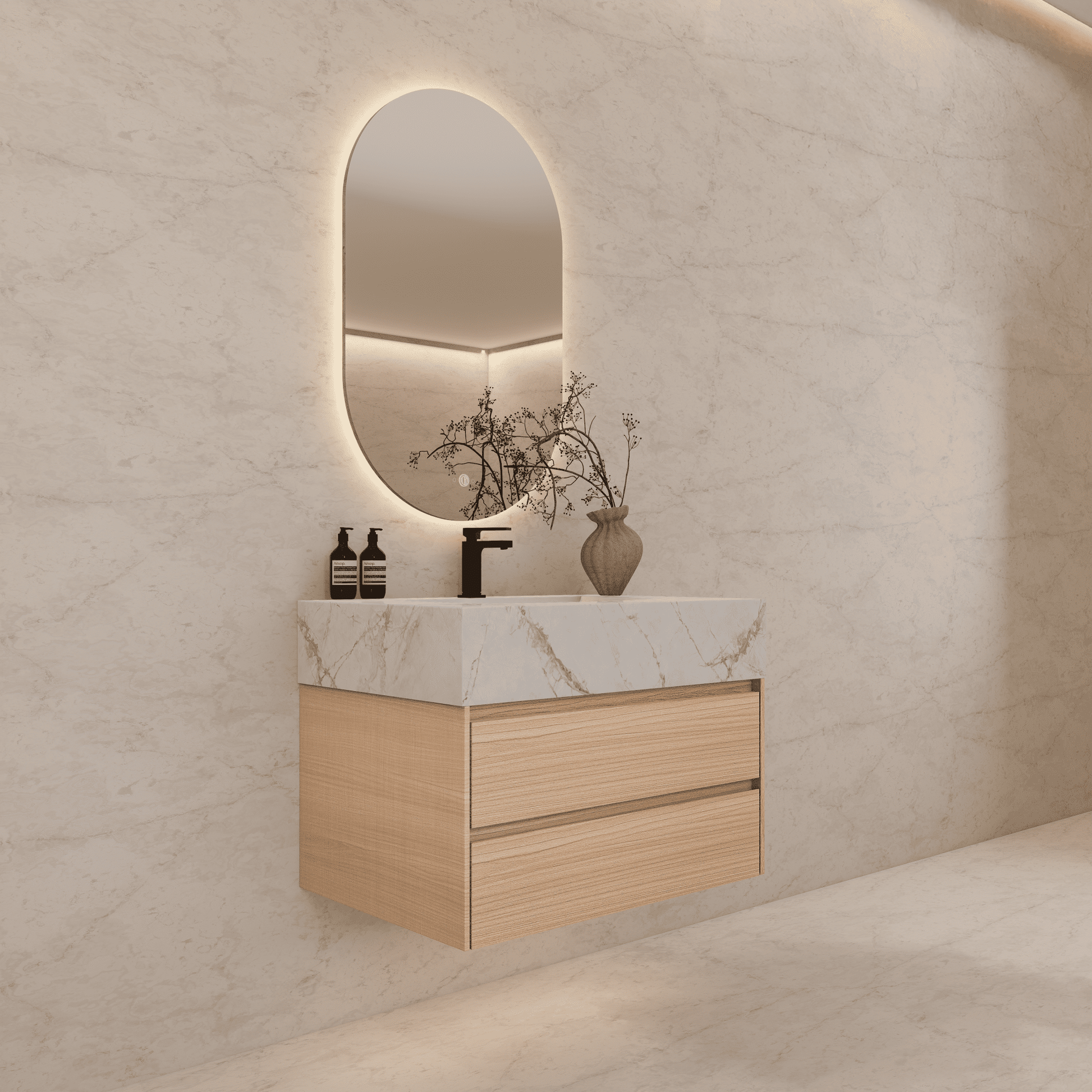 32", 36", 40" Sintered Stone Top with Light Oak Floating Bathroom Vanity - VanityIce Grey