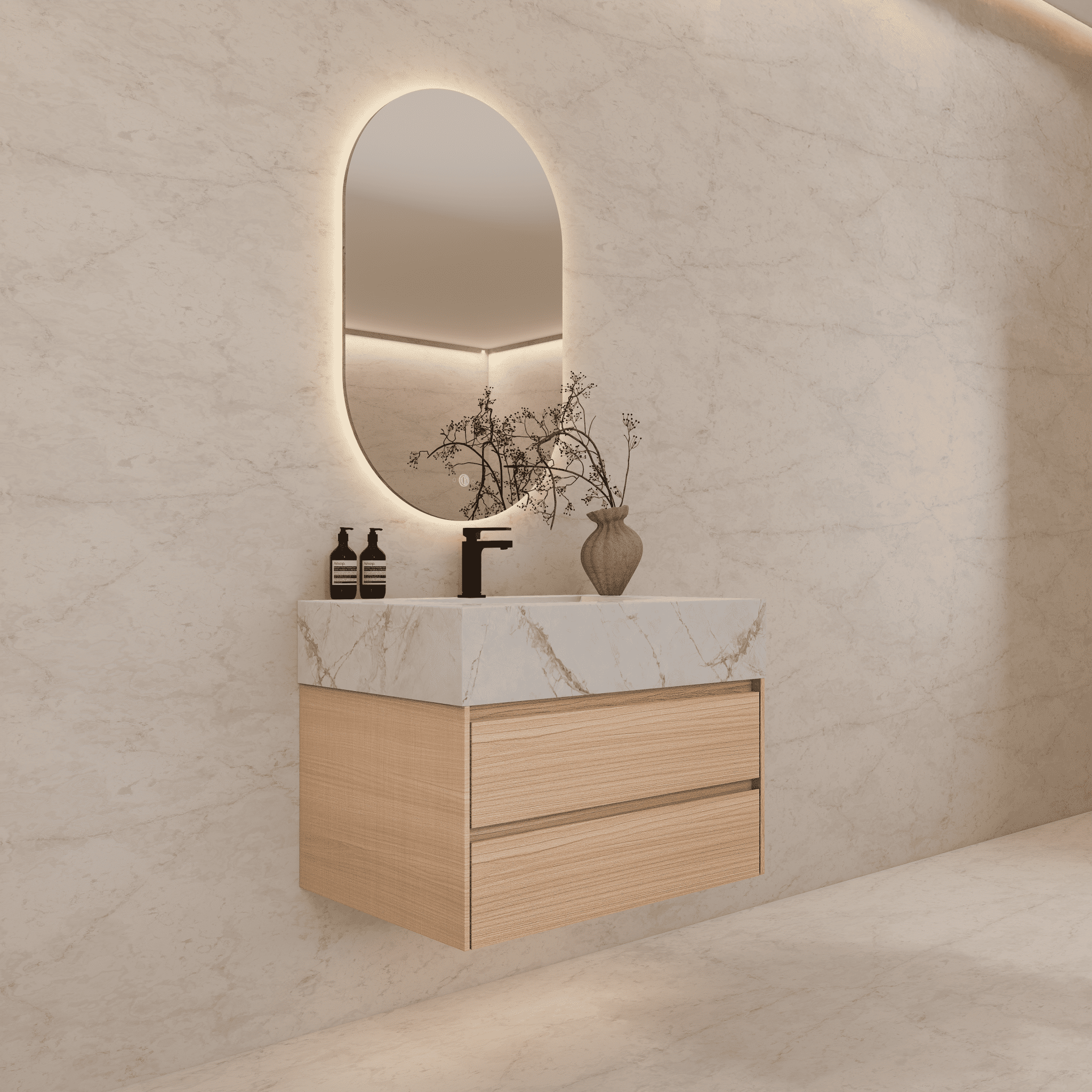 32", 36", 40" Sintered Stone Top with Light Oak Floating Bathroom Vanity - VanityIce Grey