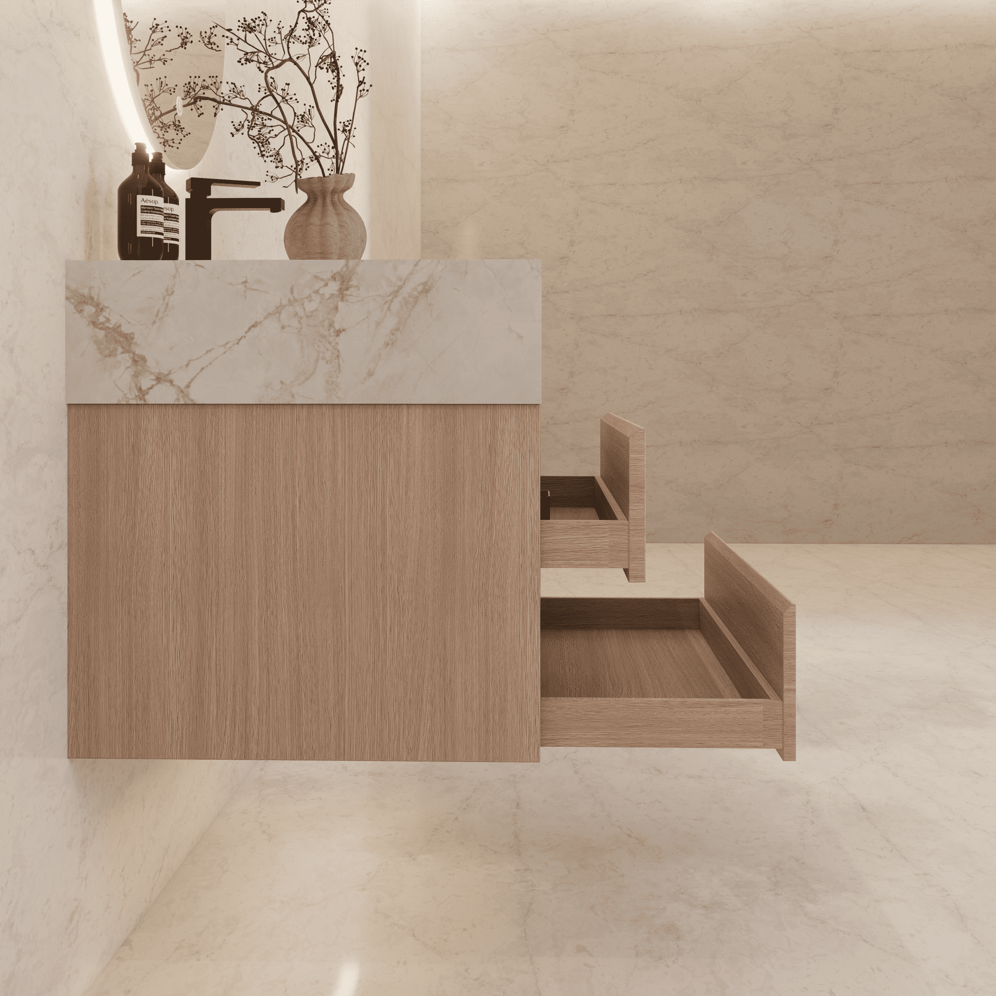 32", 36", 40" Sintered Stone Top with Light Oak Floating Bathroom Vanity - VanityIce Grey