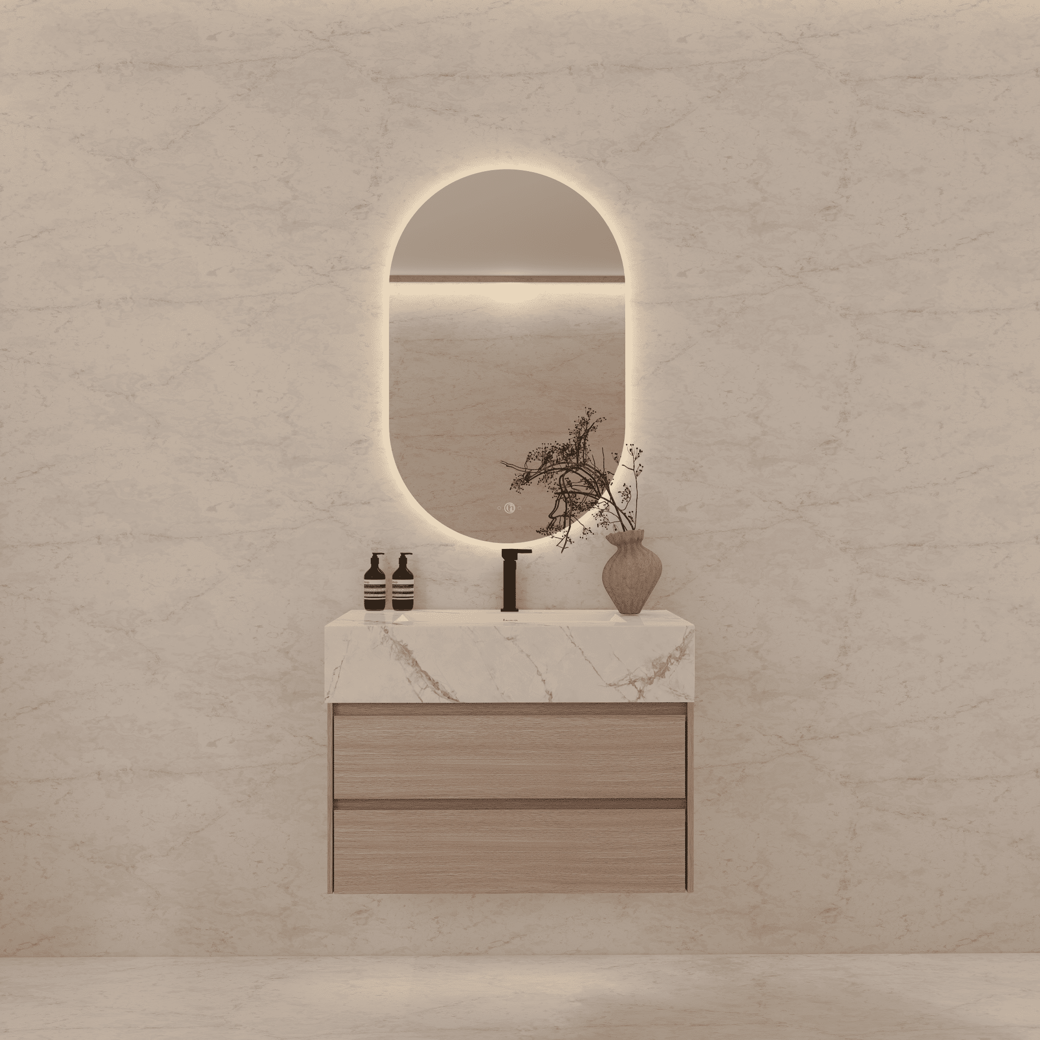 32", 36", 40" Sintered Stone Top with Light Oak Floating Bathroom Vanity - VanityIce Grey