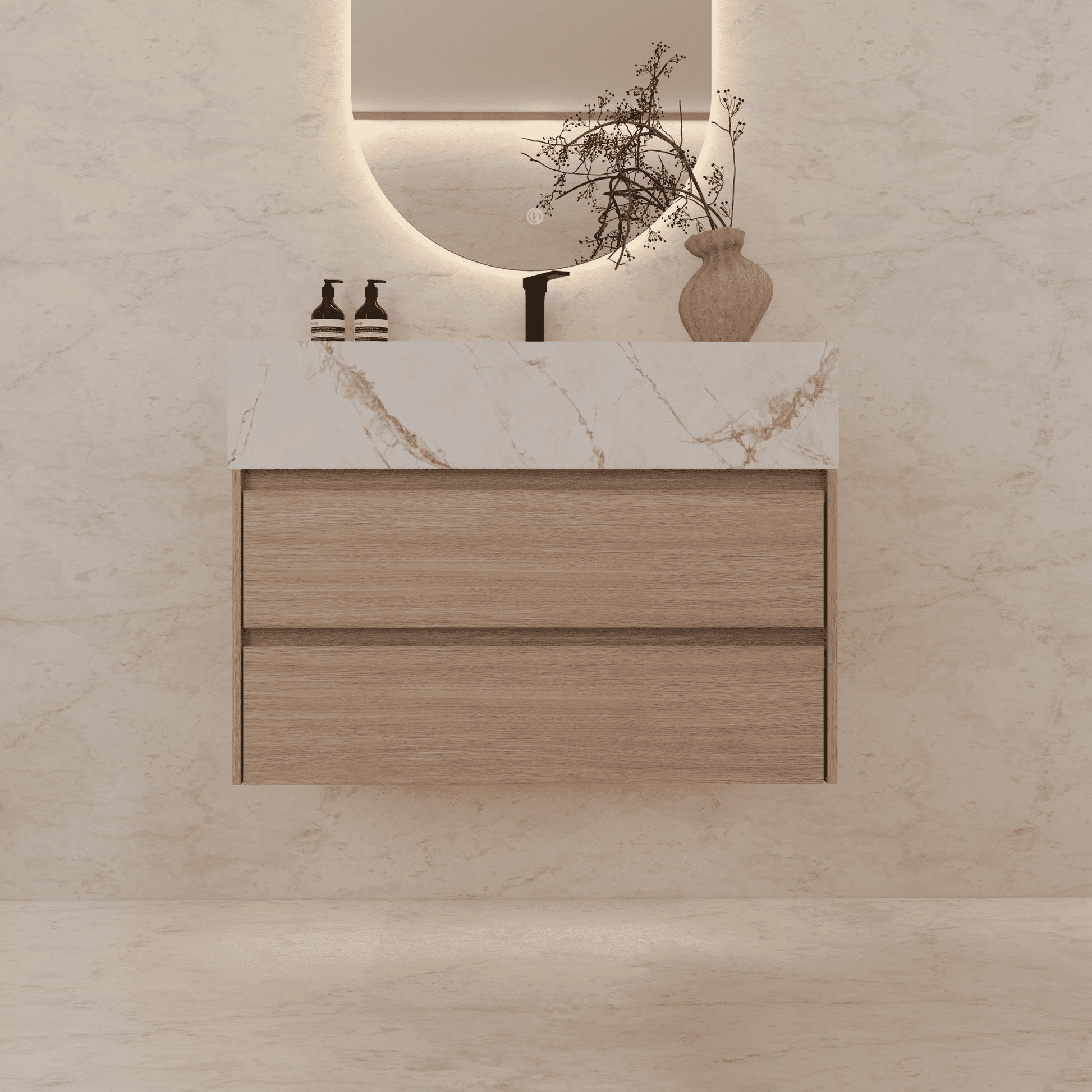 32", 36", 40" Sintered Stone Top with Light Oak Floating Bathroom Vanity - VanityIce Grey