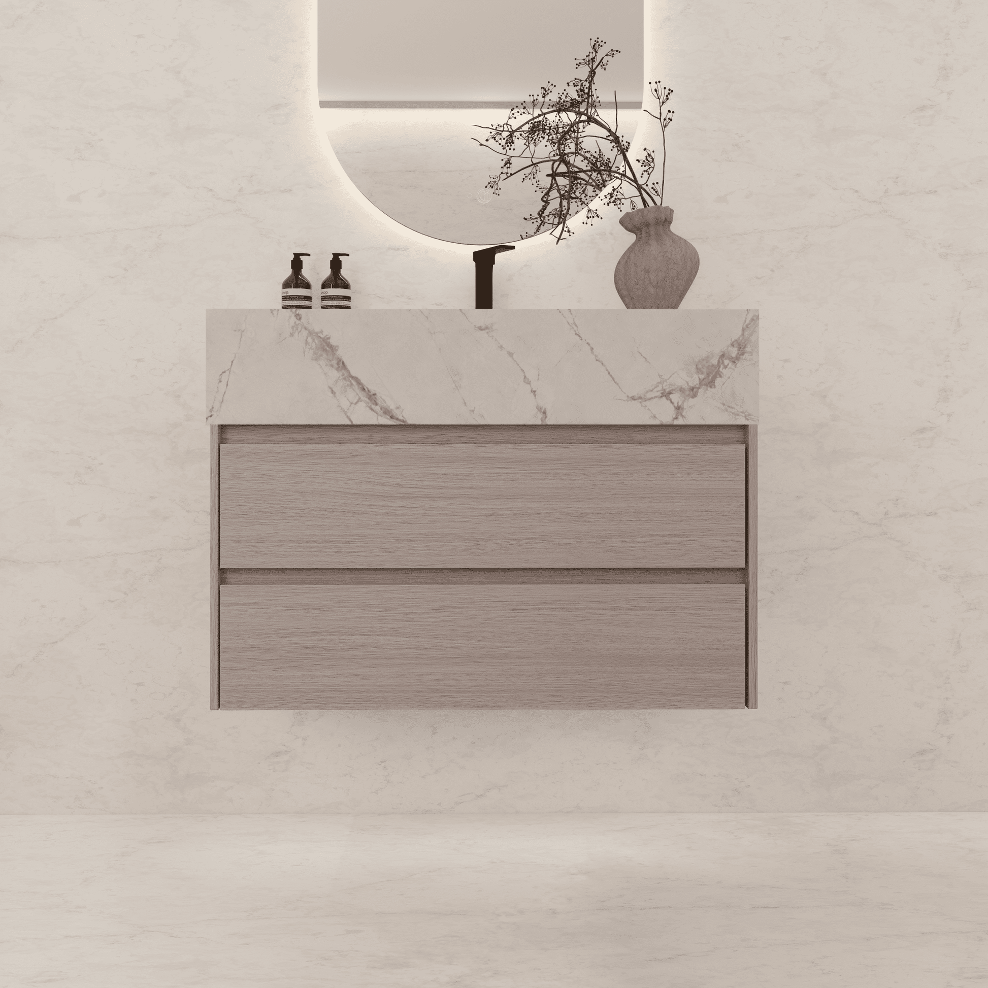 32", 36", 40" Sintered Stone Top with Light Oak Floating Bathroom Vanity - VanityIce Grey