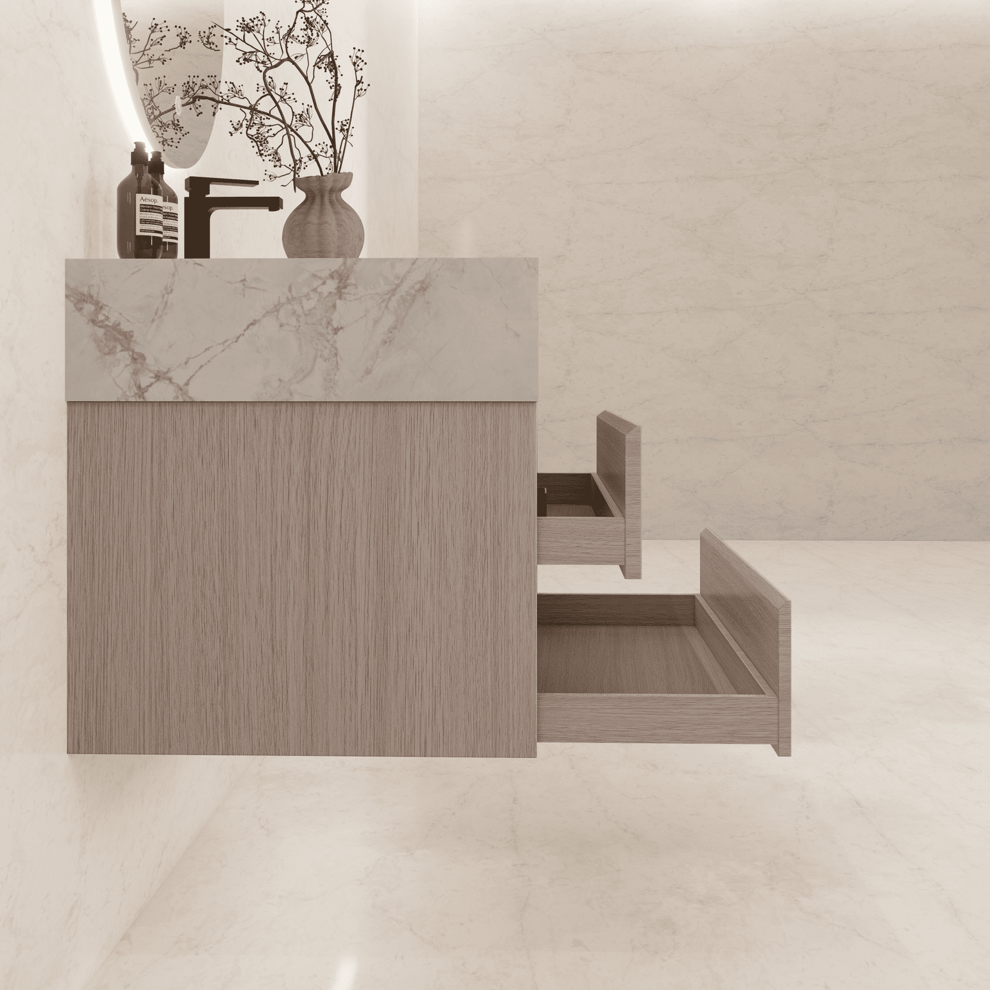 32", 36", 40" Sintered Stone Top with Light Oak Floating Bathroom Vanity - VanityIce Grey