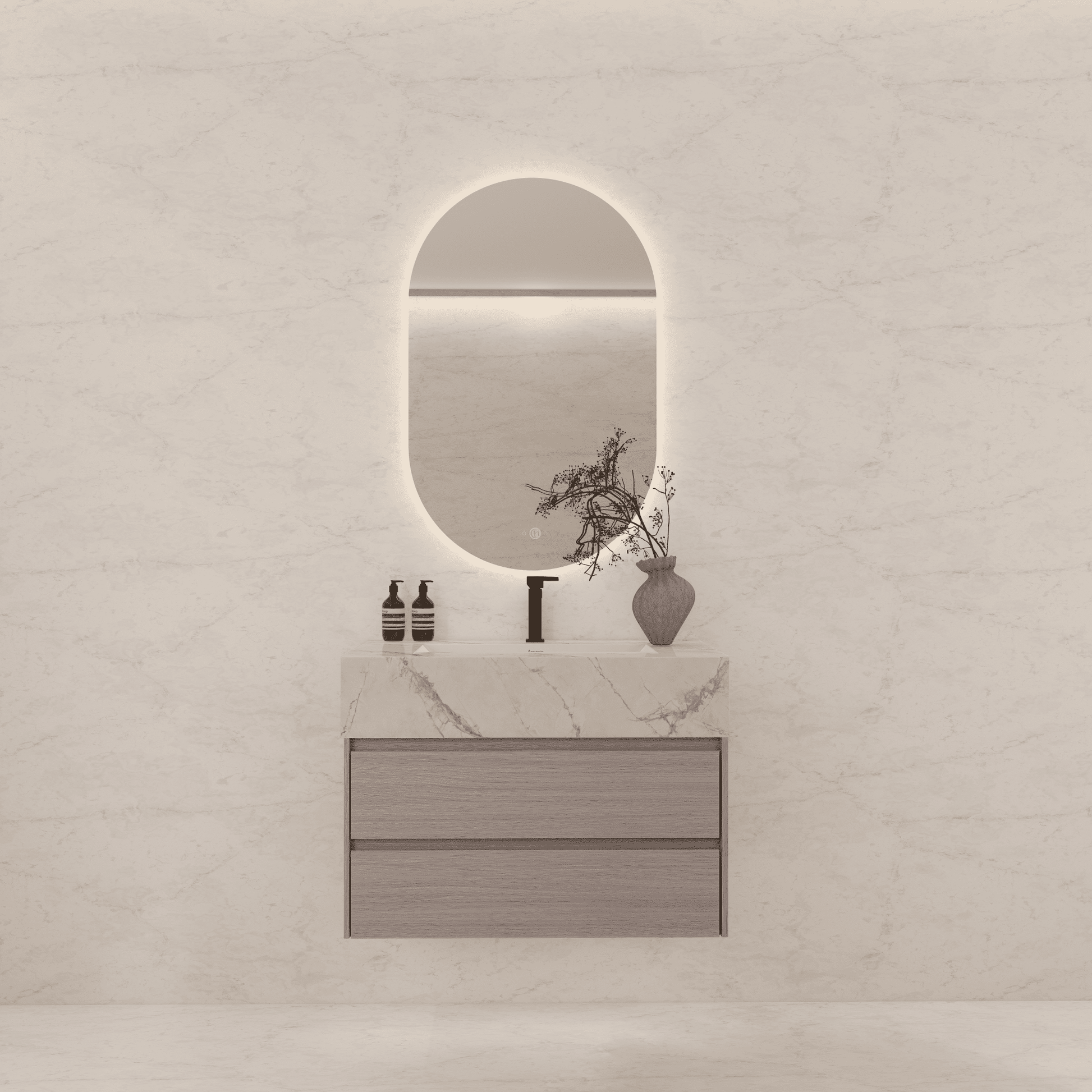 32", 36", 40" Sintered Stone Top with Light Oak Floating Bathroom Vanity - VanityIce Grey